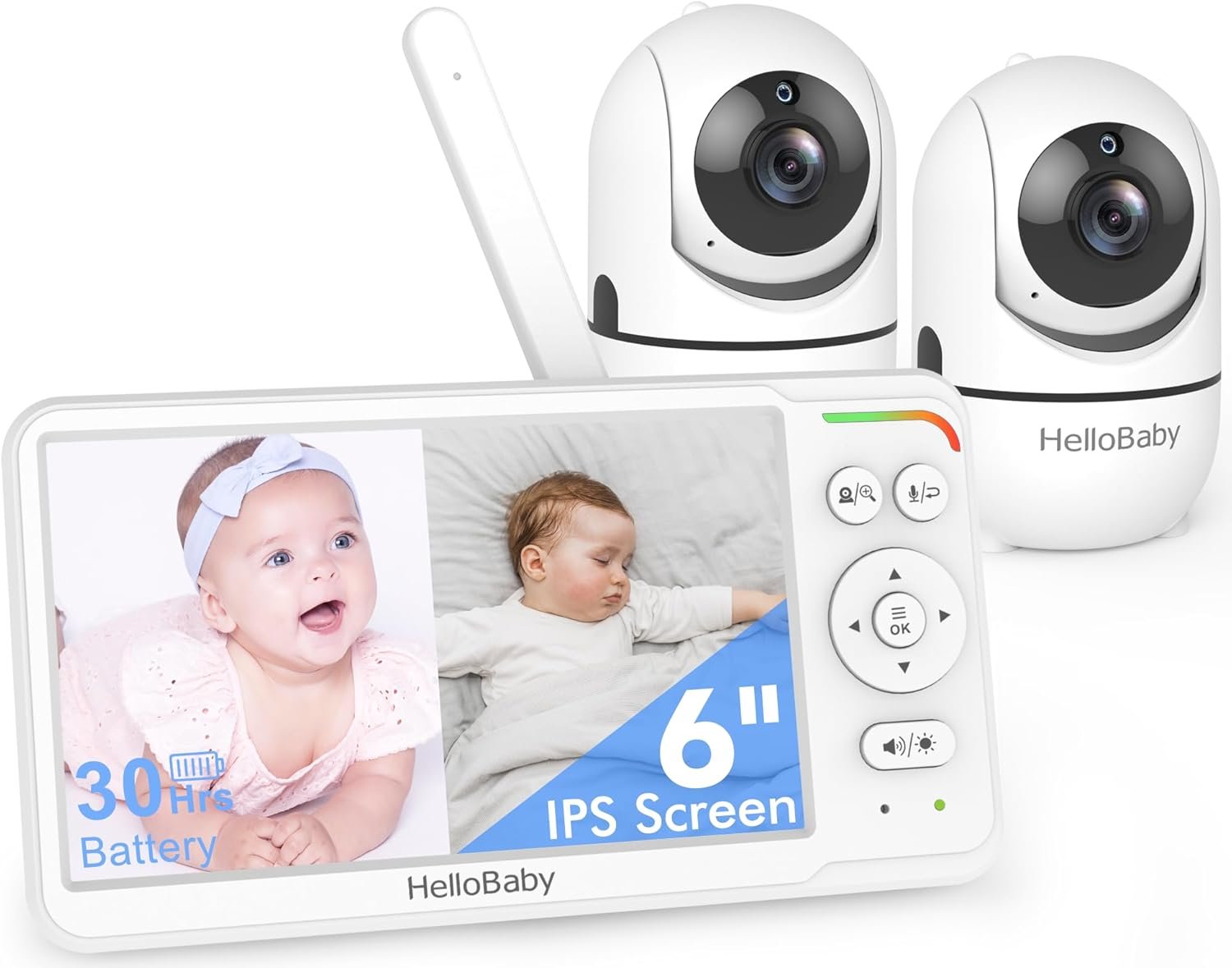 HelloBaby Baby Monitor with 2 Cameras, World First 6″ IPS Split Screen, Double Cameras No WiFi, 30H Battery, 2-Way Audio, Pan-Tilt-Zoom, VOX Mode, Night Vision, 8 Lullabies, 1000ft Range