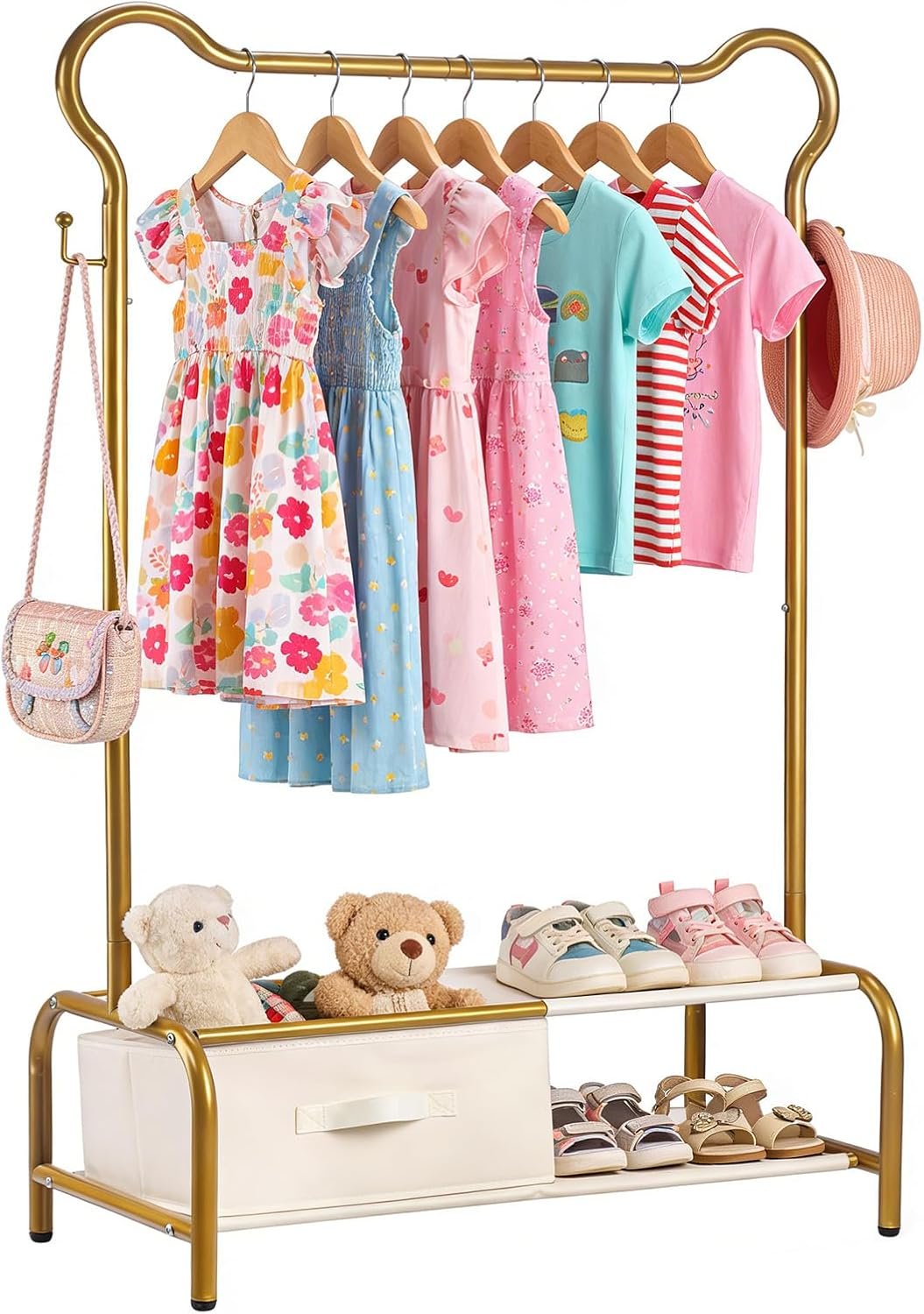 Kids Clothing Rack with Fabric Drawer & 2‑Tier Shelf,Baby Clothes Organizer for Nursery & Bedroom-Baby Clothing Rack for Hanging Clothes,Hanging Clothes, Baby Clothes(Gold)