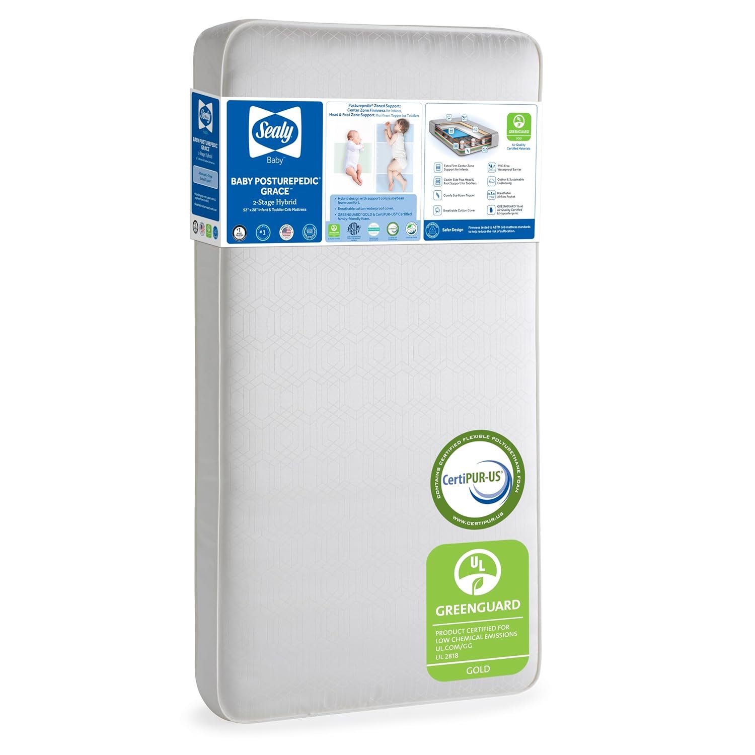 Sealy Baby Posturepedic Grace Hybrid – Firm 2 Stage Breathable Crib Mattress with Waterproof Barrier – GREENGUARD Gold Certified, Soy-enhanced Foam for Infants and Toddlers, Made in the USA (52×28″)