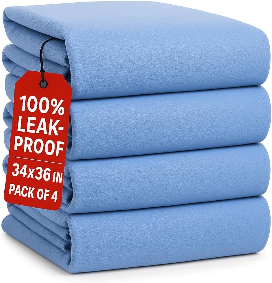 Epicessentials Incontinence Bed Pads Washable Waterproof Mattress Protector 34″ x 36″ Holds Up to 6 Cups – 500 GSM Heavy Absorbency Pee Pads for Adults, Dogs and Kids Bedwetting – 4 Pack – Green/Blue