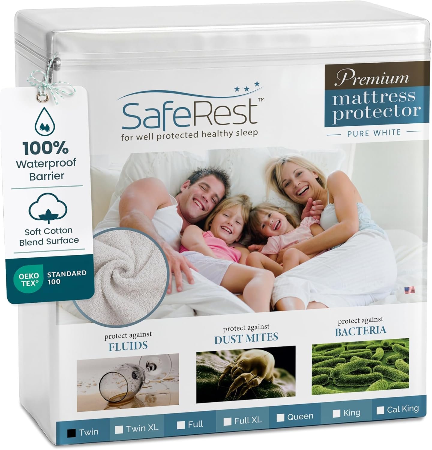 SafeRest Waterproof Twin Size Mattress Protector – Fitted with Stretchable Pockets – Machine Washable Cotton Blend Mattress Cover for Bed
