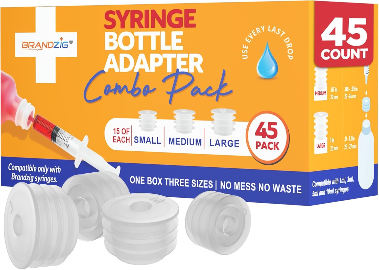 Medicine Bottle Syringe Adapter For Oral Dispensers 45 Pieces 3 Sizes (15 each size) | Press In Bottle Adapter for Liquid Medication | Only Fits Brandzig 1ml, 3ml, 5ml & 10ml Syringes