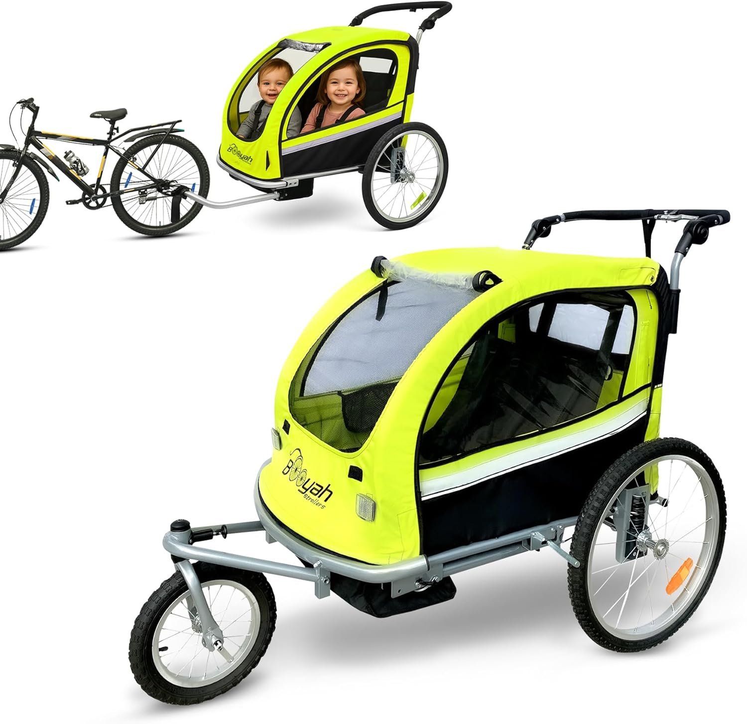 Booyah Strollers 3 in 1 Double Child Baby Bike Bicycle Trailer, Jogger, Stroller with Suspension| 88 lb Capacity | Helmet-Friendly Design, Ventilation, and Storage