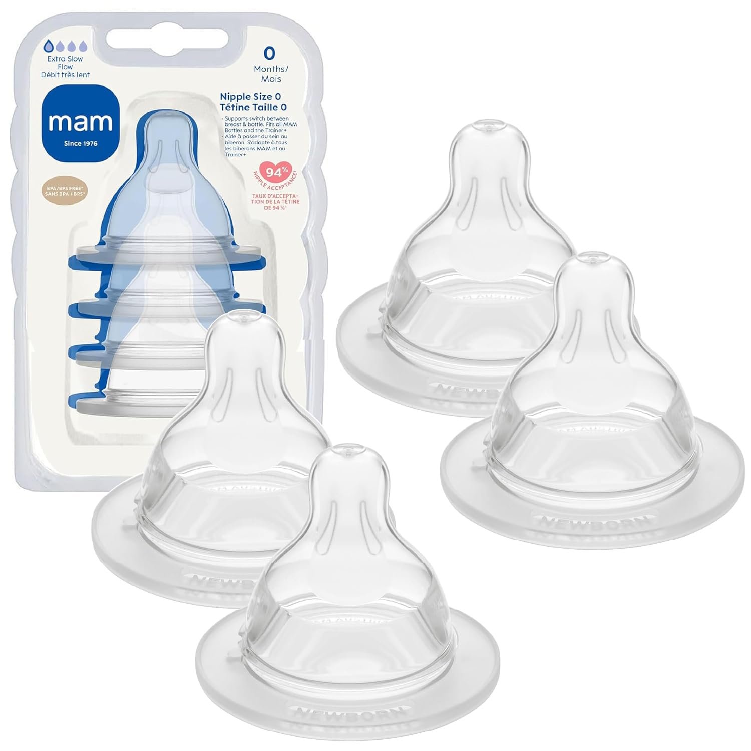 MAM Baby Bottle Anti-Colic Nipples Extra Slow Flow Size 0, for Newborn Babies, Skin Soft BPA Free Silicone, 94% Nipple Acceptance, Fits All MAM Bottles, Developed with Medical Experts, Made in Europe