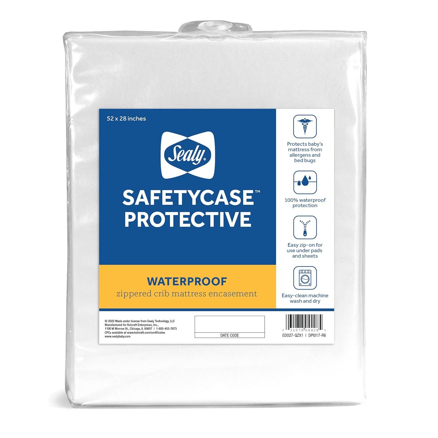 Sealy Baby SafetyCase Breathable Waterproof Crib Mattress Protector Pad, Toddler Bed Cover, Zippered Bedding Encasement, Noiseless, Machine Washable / Dryer Friendly, 52×28” – White