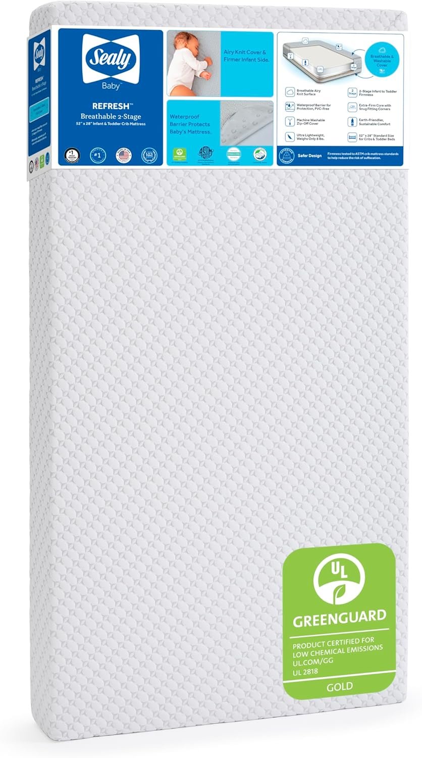 Sealy Baby Refresh Breathable Crib Mattress, GREENGUARD Gold Certified, Made in USA, Removable Knit Cover, 2 Stage, Toddler Bed Fit, Safety & Quality Tested, 52×28