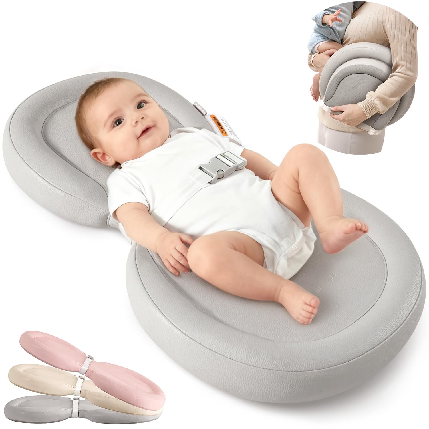 Waterproof Peanut Baby Changing Pad, Foldable Travel On-the-Go for Dresser & Changing Table, Wipe-Clean PU Diaper Pad with Non-Slip & Adjustable Safety Belt, 24″x16″, Gray