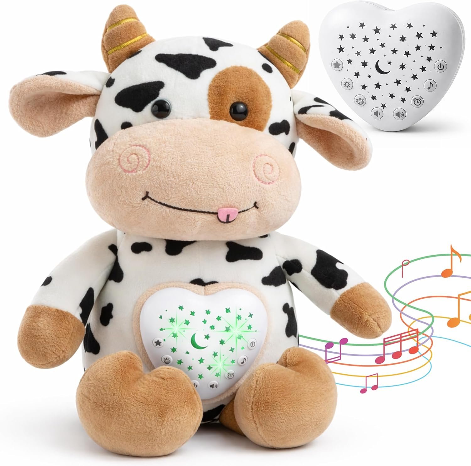 Baby Sound Machine Plush Cow with Cry Detector & Star Projector – USB Rechargeable White Noise Machine Baby with 15 Melodies & Timer – Lullaby Sound Machine & Baby Sleep Soother for Newborns