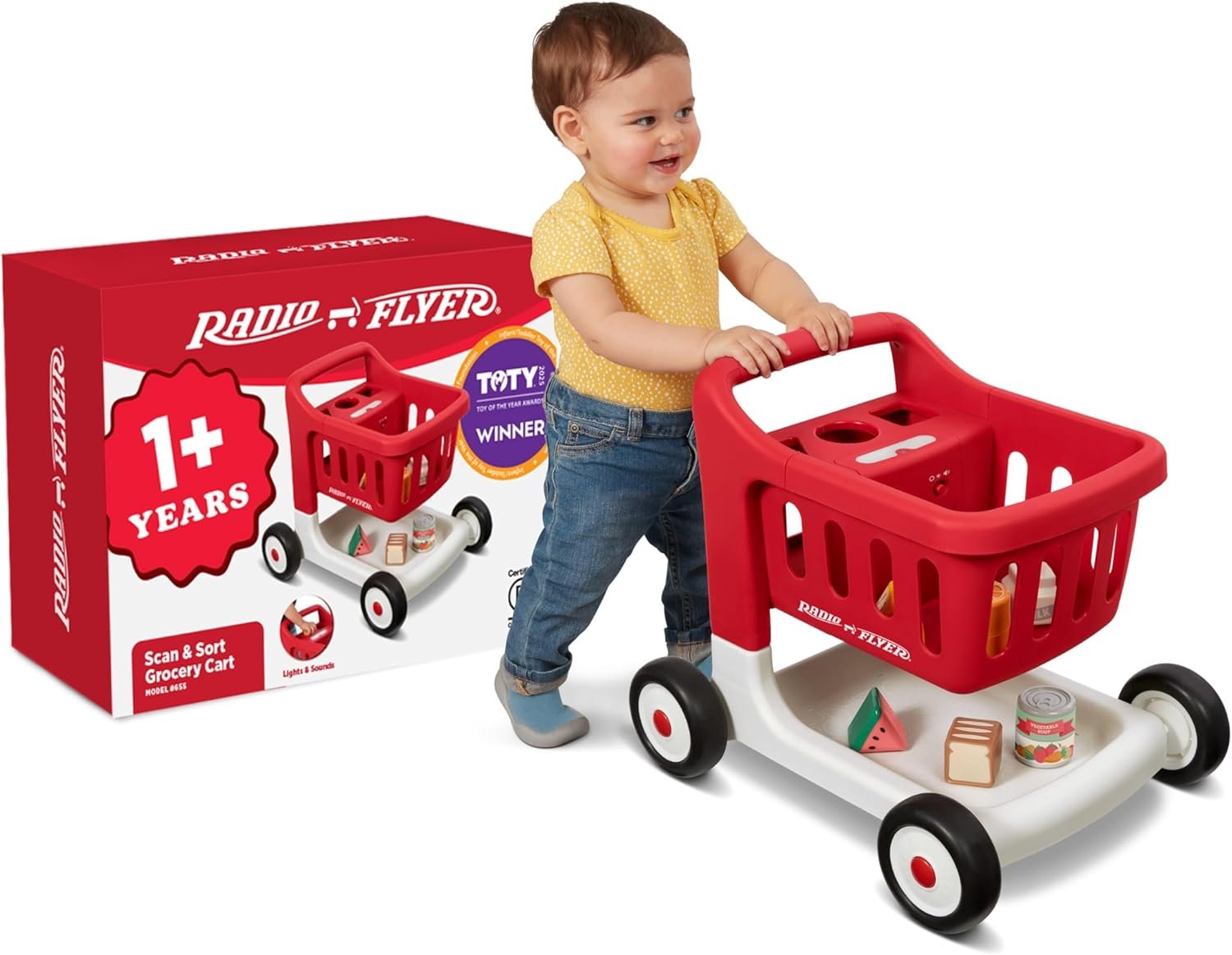 Radio Flyer Scan & Sort Shopping Cart, Red, for Kids 1+, Interactive Baby Walker with Lights & Adjustable Sound, Includes 6 Play Food Items, Adjustable Height Baby Push Walker, for Indoor Play