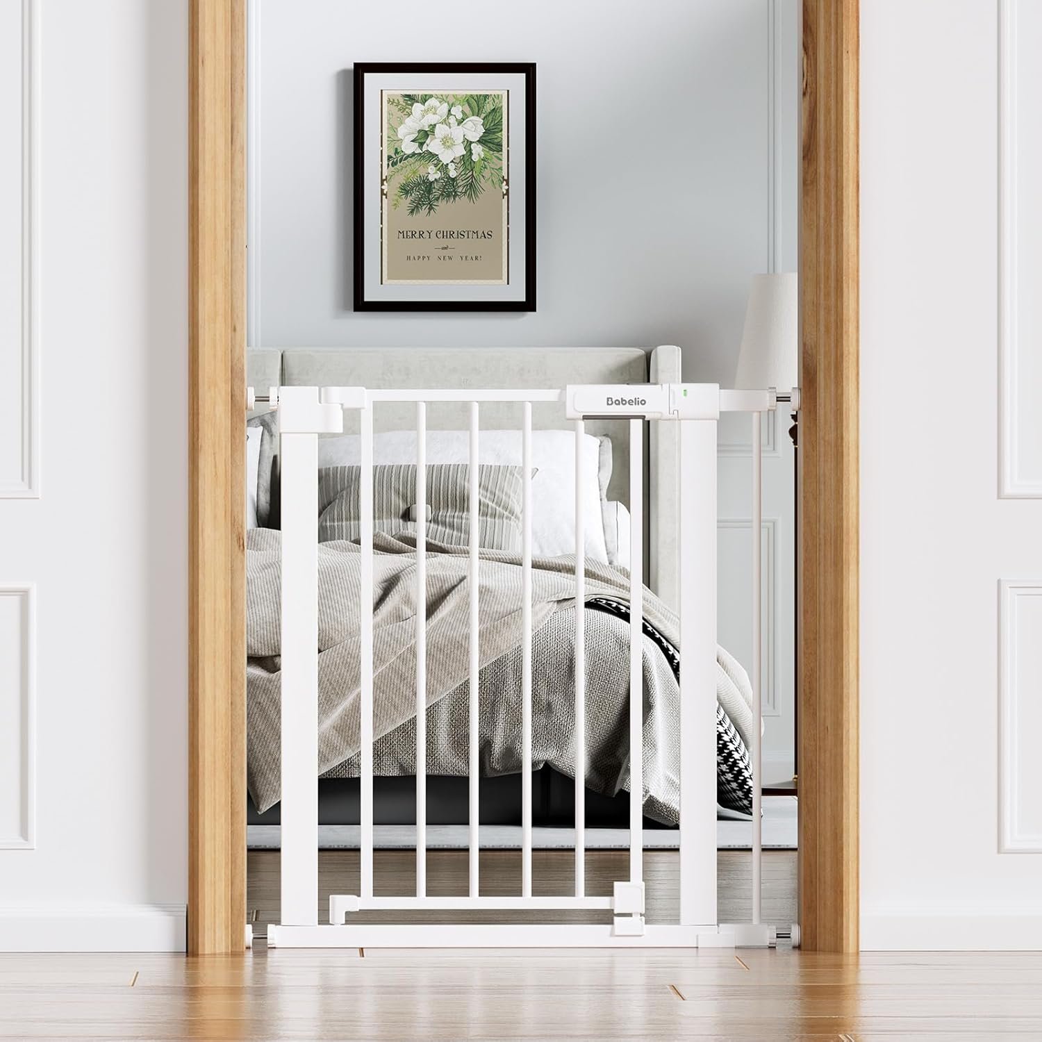 Babelio Baby Gate for Doorways and Stairs, 26-31″ Pet Gate with Wide Walk Thru Door and Lock Indicator, No Drill Pressure Mounted Safety Gate with Double Lock and Self-Closing, White