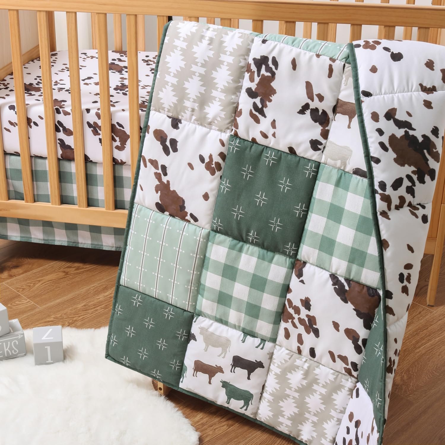 The Peanutshell 3 Piece Baby Crib Bedding Set for Boys & Girls – Newborn, Infant & Toddler Nursery Bed Set Decor with Fitted Crib Sheet, Dust Ruffle, Crib Comforter – Boho Farm