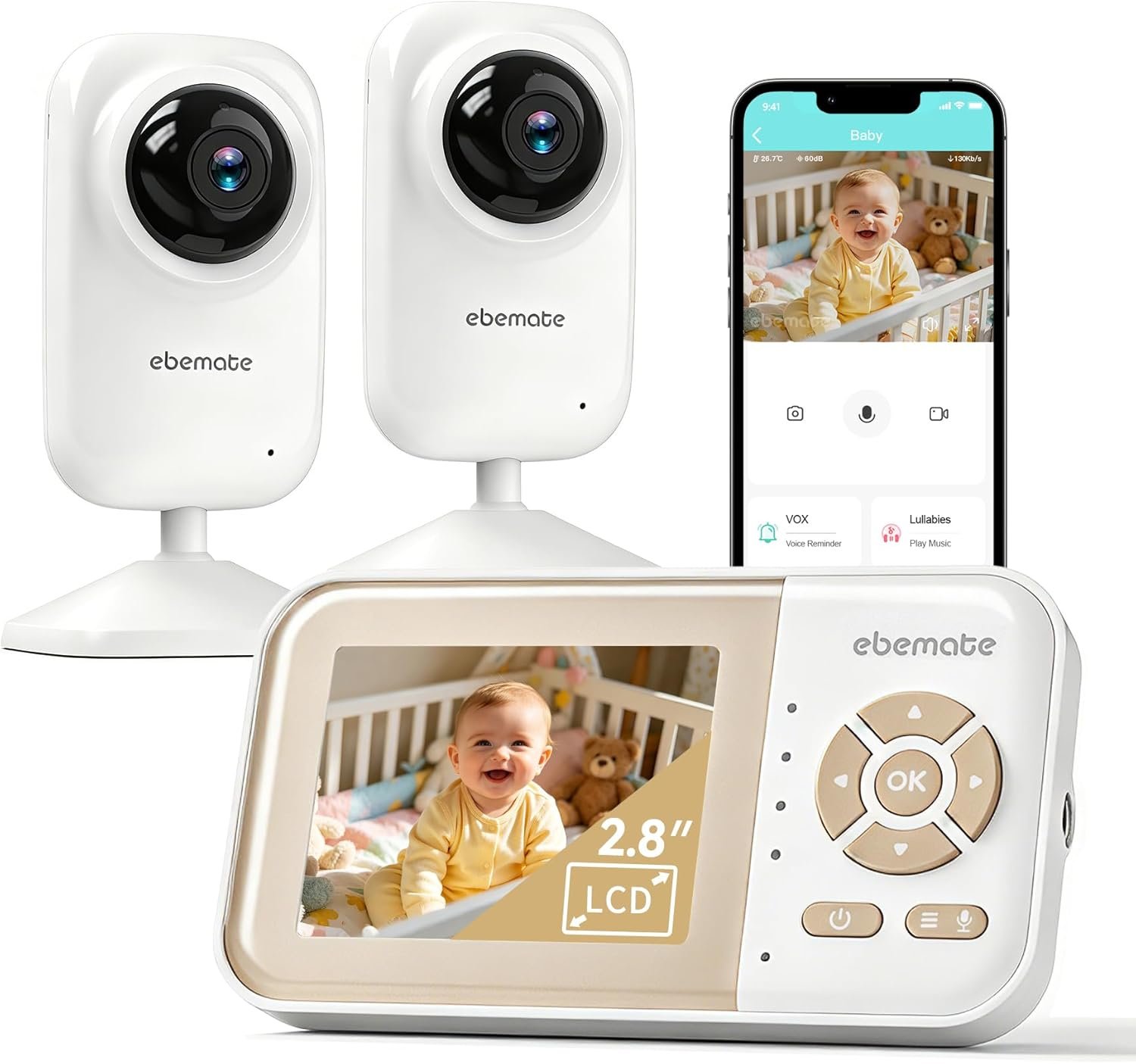 ebemate Video Baby Monitor with 2 Cameras |1200FT Range | Real-Time Temp & Feeding Alerts | No-Glow Night Vision | 2-Way Talk Audio | Baby Camera Monitor with 2.8″ LCD Screen