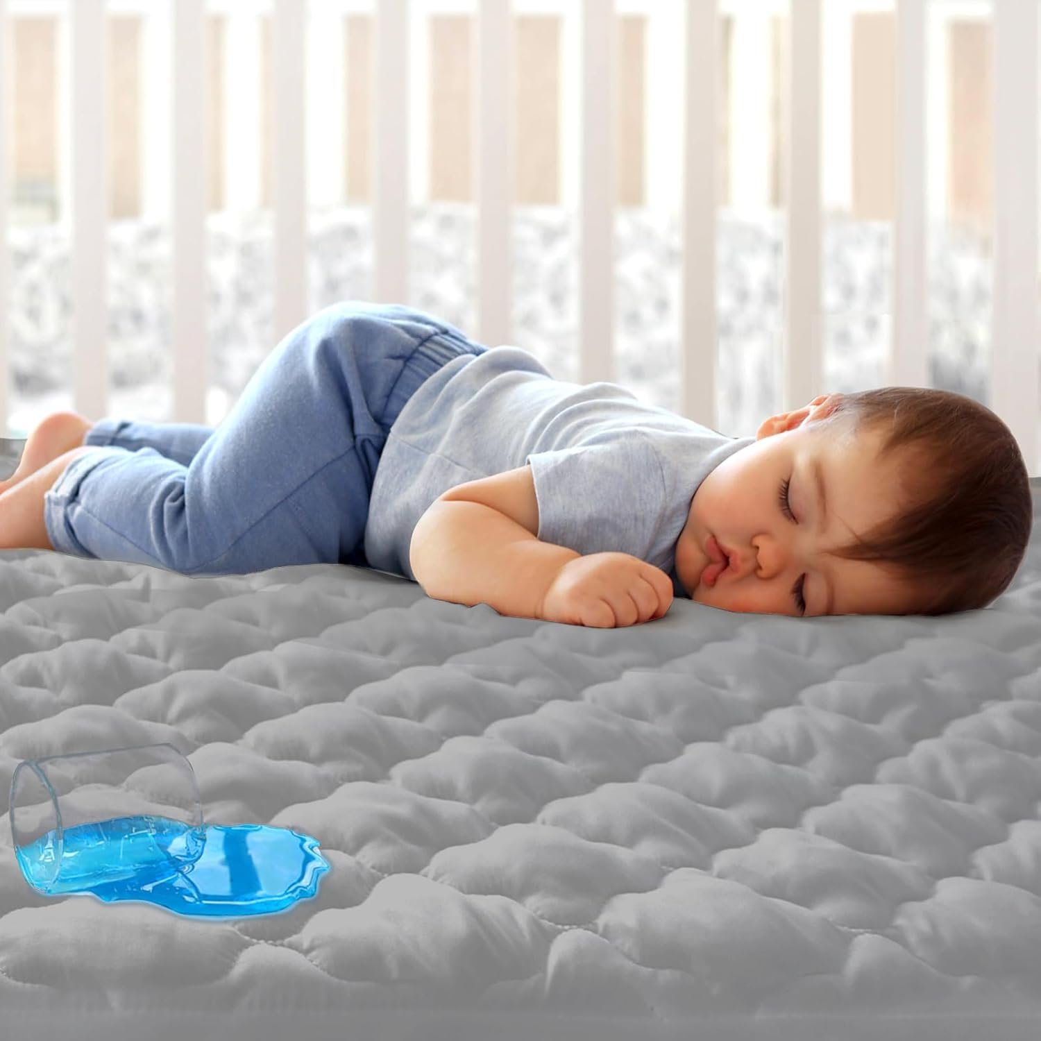 Crib Mattress Protector Sheets Fitted Waterproof Crib Mattress Pad Cover, Noiseless & Machine Wash 100% Absorbent Crib/Toddler Mattress Protector Sheet Quilted, Gray, 52″ x 28″