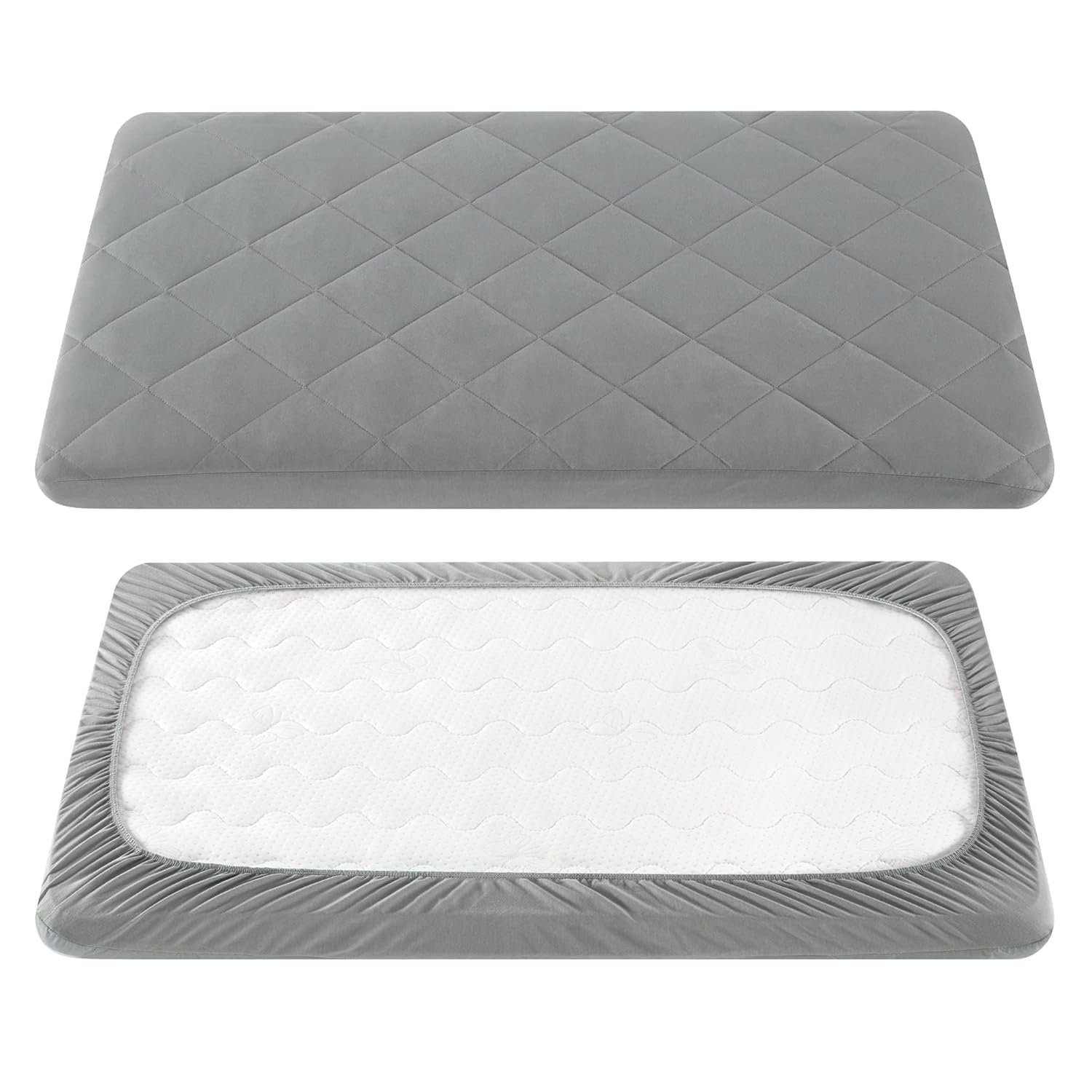 TILLYOU Pack and Play Sheet – Soft Quilted Crib Cover Pad, Toddlers Mattress Protector with 1”-3” Deep Pocket, Thick Play Yard Playpen Sheets, Breathable Fluffy Crib Mattress Pad, 39″x27″, Grey