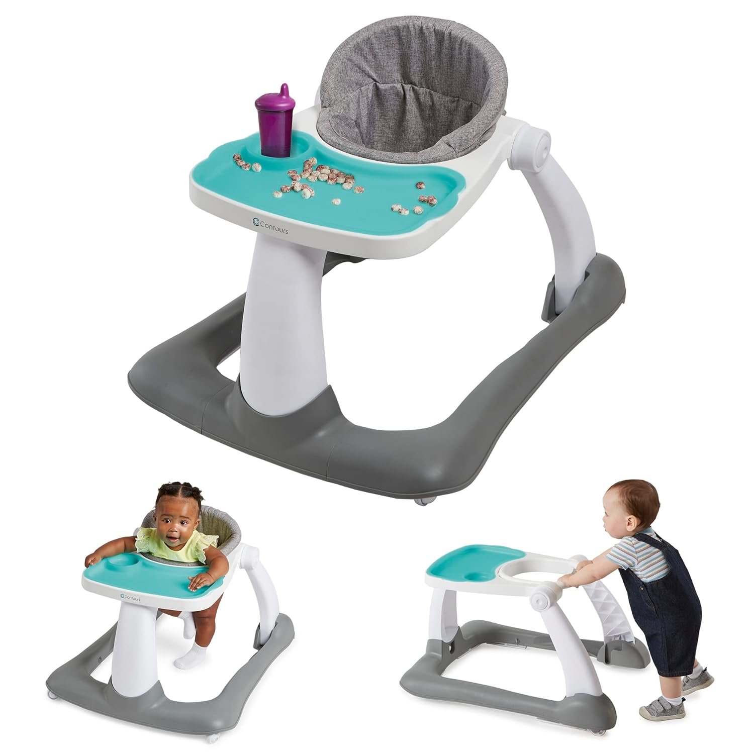 Contours Graze 2-in-1 Foldable Infant and Baby Push Walker, Seated or Walk-Behind Design, Removable and Washable Seat Pad and Snack Tray, Height Adjustable Seat Pad, Wide and Sturdy Frame – Gray/Teal