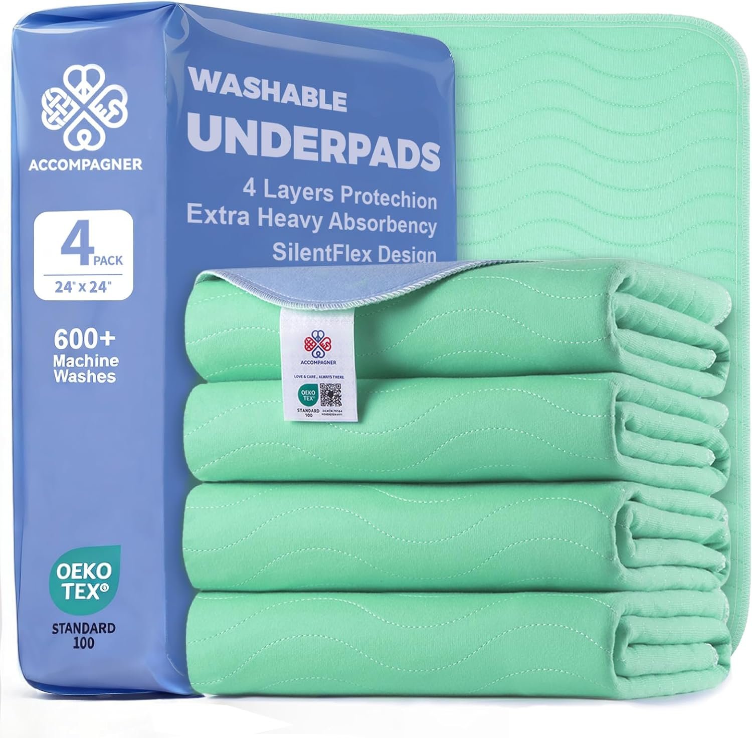 Accompagner Incontinence Bed Pads Washable Waterproof, Ultra-Absorbent Reusable Underpads for Diaper Changing, Nursing, Bedridden, Adults, Seniors, Kids and Dogs (Green, 24″x24″(Pack of 4))