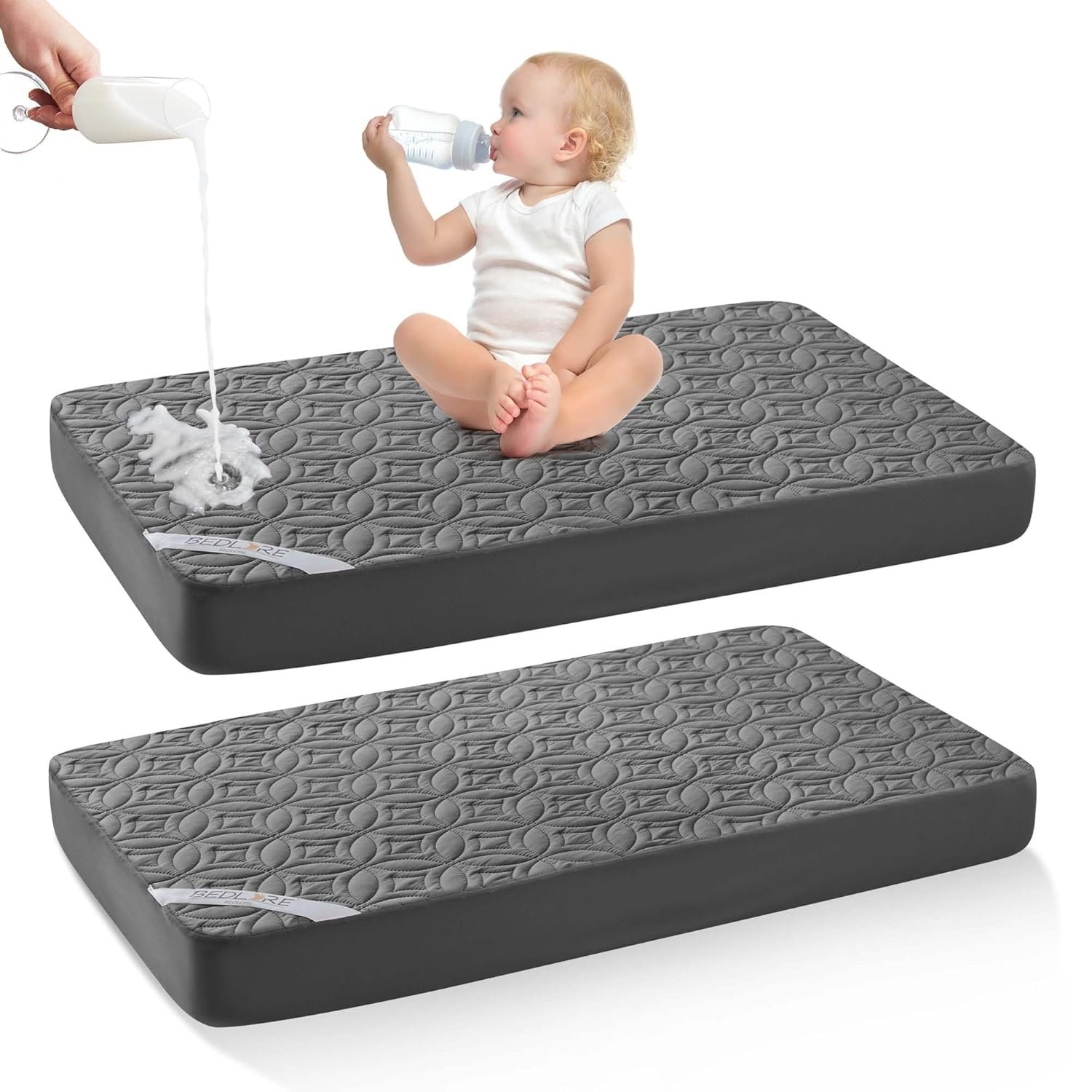Waterproof Crib Mattress Protector 2 Pack, Soft and Breathable Crib Mattress Pad Cover, Noiseless Machine Washable Toddler Mattress Protector for Standard Baby Toddler Bed (52”x28”,Gray)