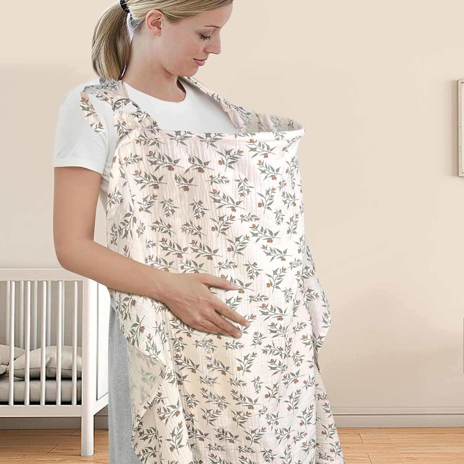 Nursing Cover for Mom Breastfeeding, Baby Privacy Nursing Covers Up Breathable Cotton with Ajustable Hoop for Mother (White)