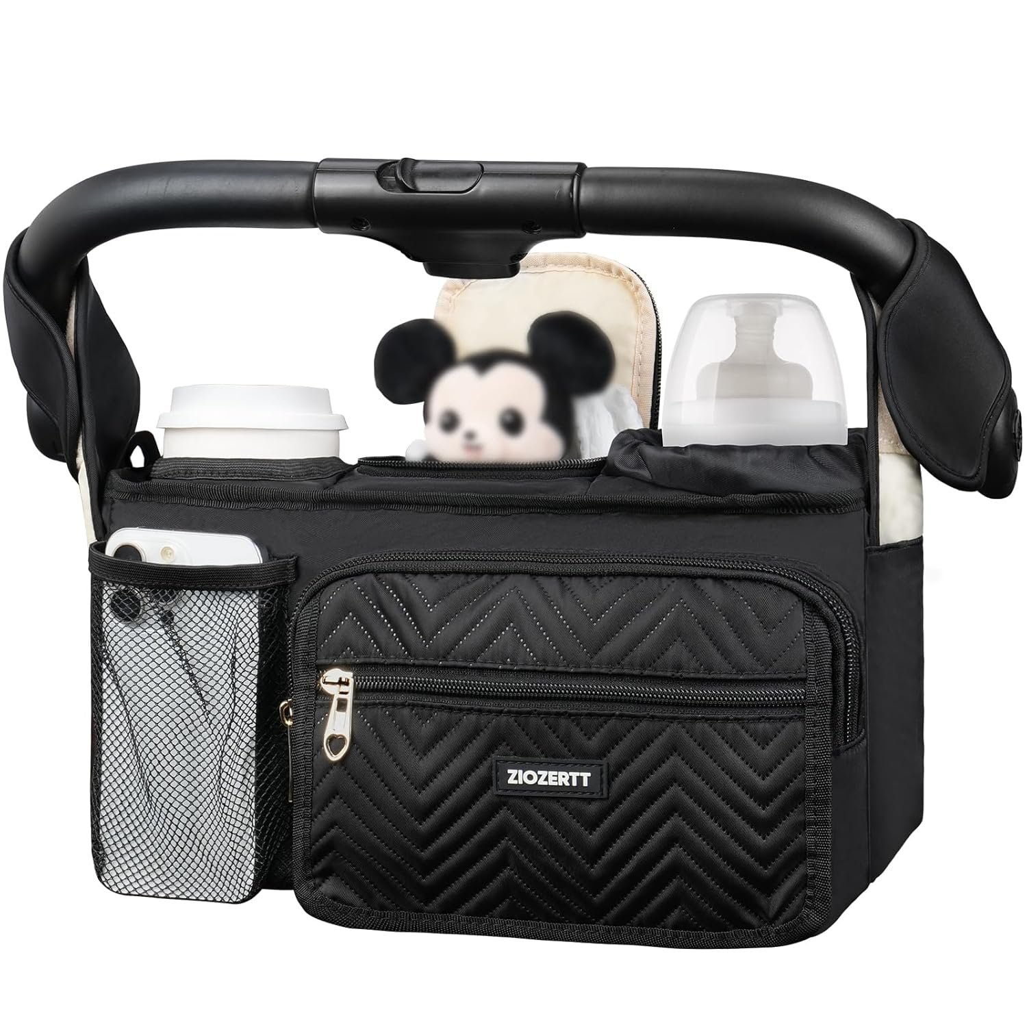Universal Stroller Organizer with Insulated Cup Holders,Large Capacity Non-Slip Stroller Caddy Bag Fits for Uppababy/Doona/Jogger/Britax/Mompush/BoB with Anti-Sag Hard Bottom and Wet Wipes Pocket