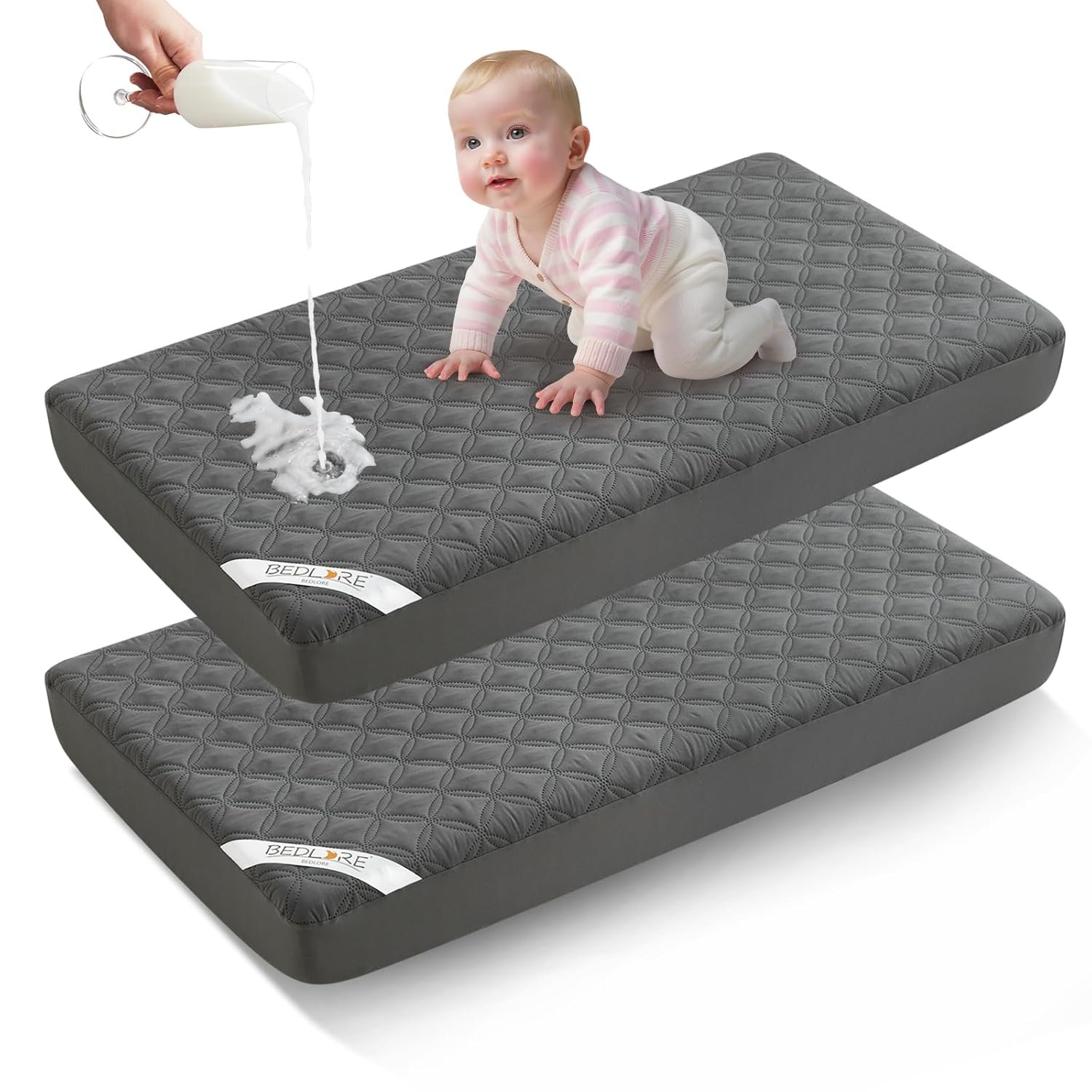 BEDLORE Waterproof Mattress Protector Crib, 2 Pack Soft Gray Mattress Pad, Noiseless Machine Washable Mattress Cover, Ultimate Protection for Your Baby’s Crib Toddler Bed (52”x28”)