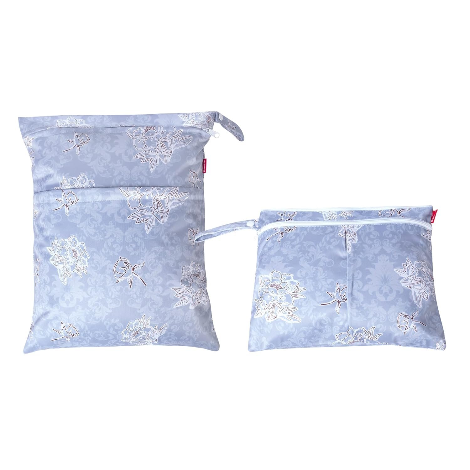 Damero 2 Pcs Wet Dry Bag for Cloth Diaper, Swimsuit, Clothes, Water-Resistant Reusable Wet Bag for Travel, Exercise, Beach, Pool, Daycare, Gray Flowers