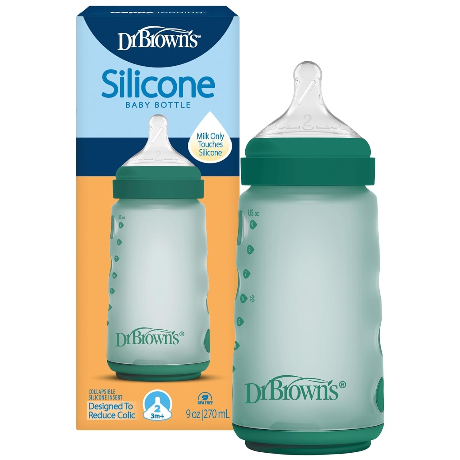 Dr. Brown’s Silicone Baby Bottle with Collapsible Insert Designed to Reduce Colic, 9 oz with Wide-Neck Level 2 Medium Flow Nipple, BPA-Free, 3m+, Green, 1-Pack
