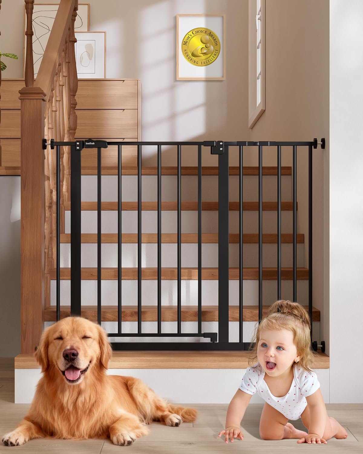 InnoTruth 29.5–40.75″ Baby Gate for Stairs, 30″ Tall Dog Gates for Doorways & Hallways, Safety Gate for Kids & Pets, Pressure-Mounted Walk-Through with Dual Lock & 2-Way Swing, Black