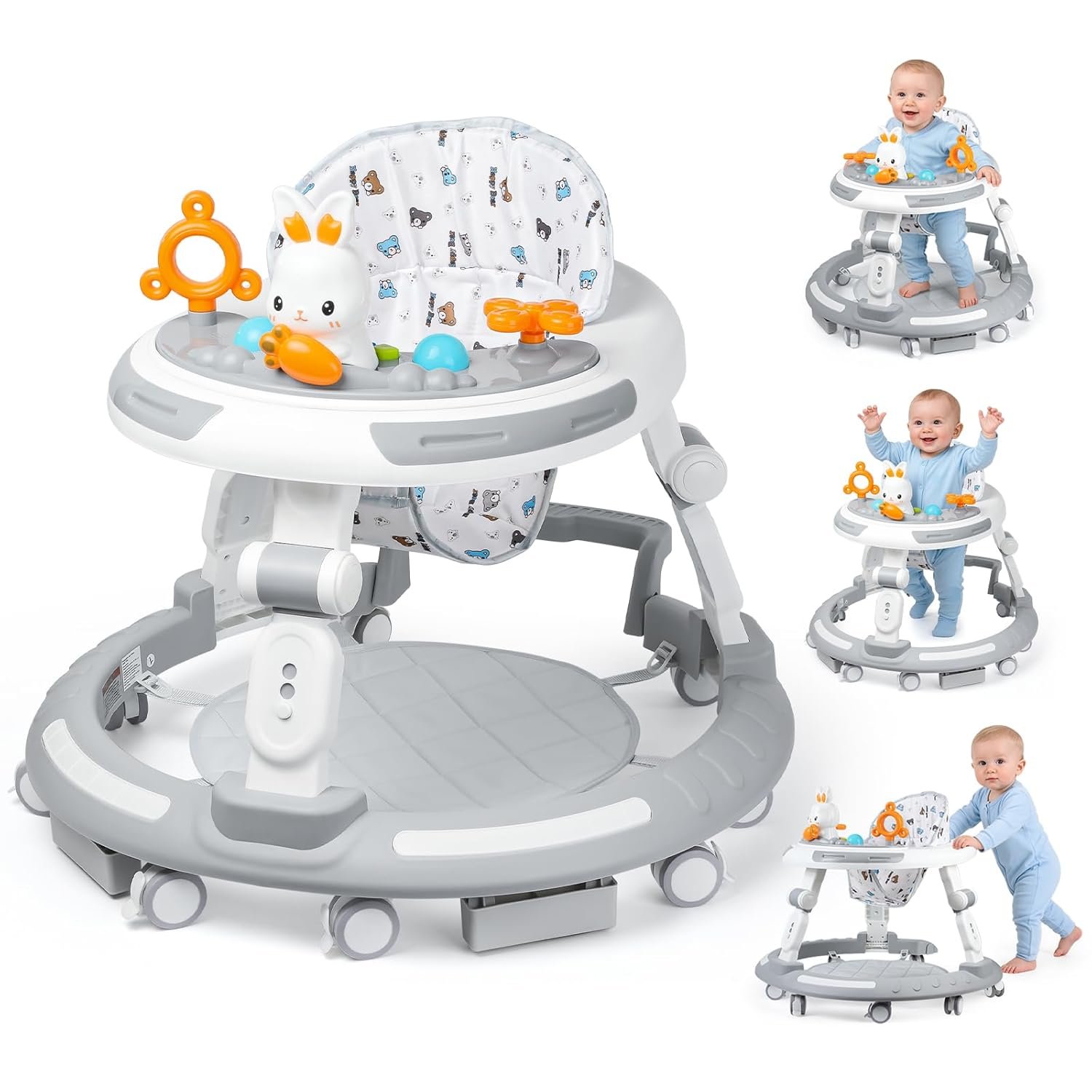 Baby Walker with Wheels – Foldable Baby Walker,4-in-1 Baby Walkers for Boys and Girls 6-12 Months, Infant Walker with Adjustable Height, Baby Activity Walker with Toys, Music, Lights, Anti-Rollover