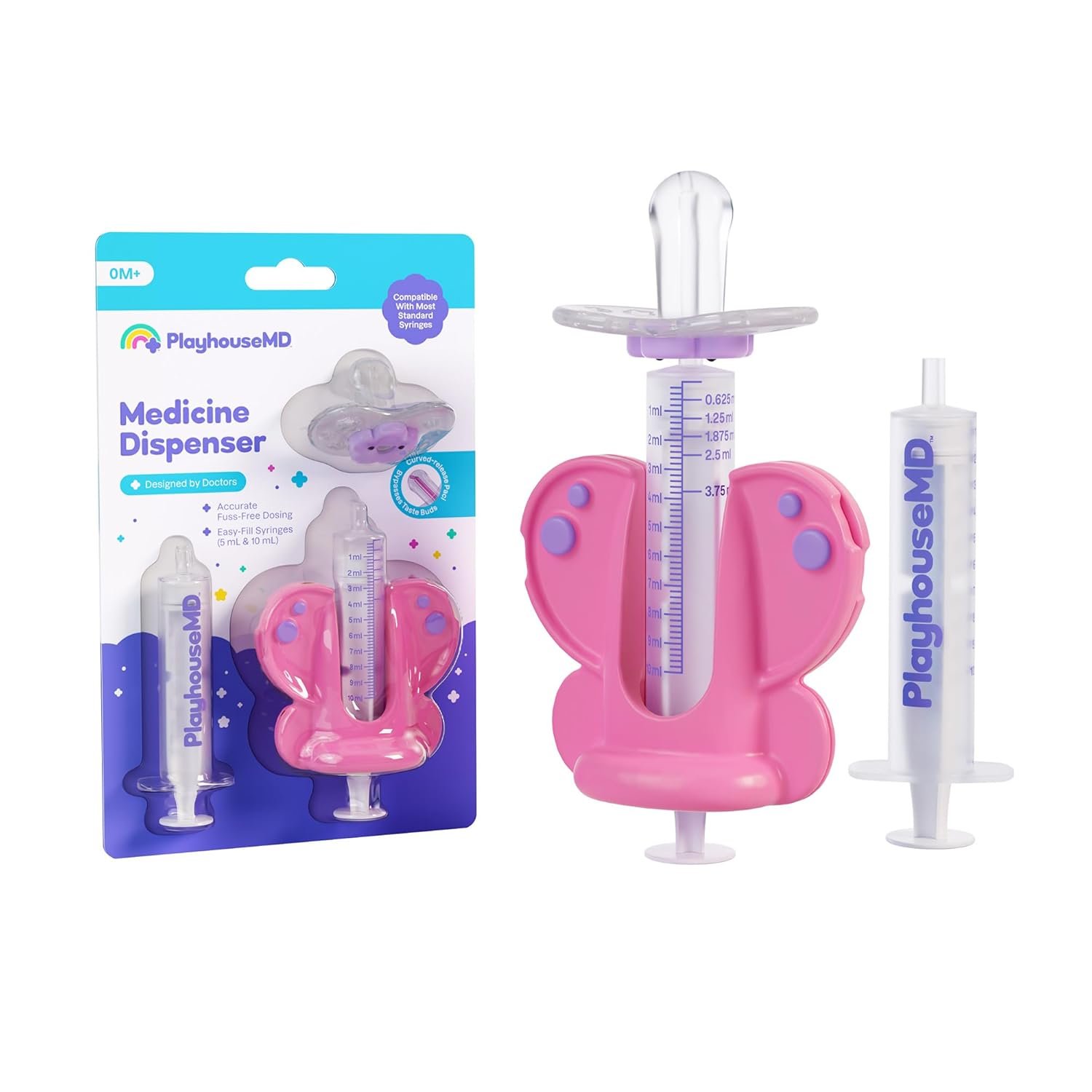Playhouse MD Medicine Dispenser, Butterfly – Liquid Medication Syringe for Newborns, Infants, Babies & Toddlers – Baby Medicine Kit with Pacifier Attachment for Accurate Dosing