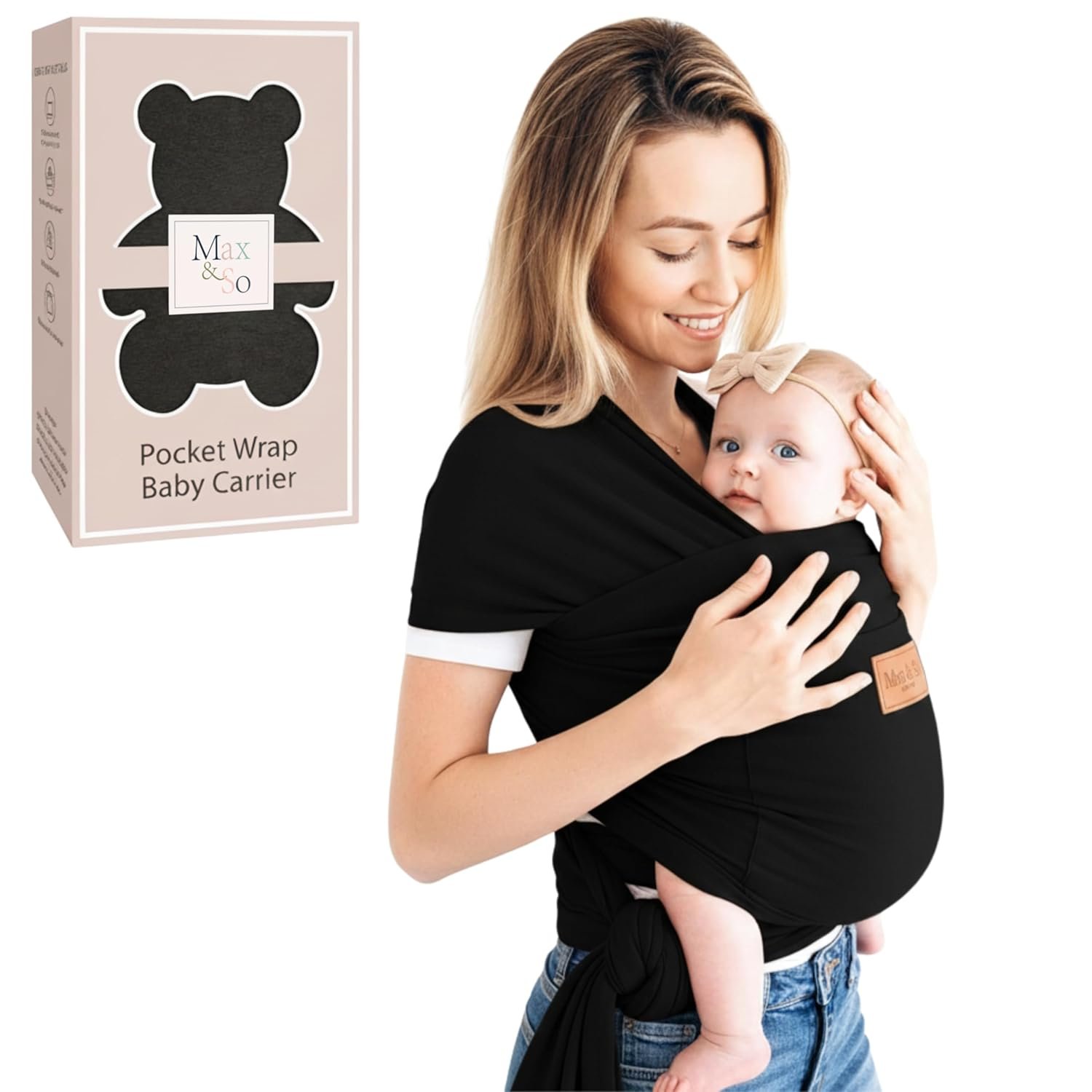 Baby Wrap Carrier – Premium Cotton Baby Carrier Wrap for Newborn to Toddler- Infant Carrier- Baby Holder One Size Fits All with Front Pocket (Black) by Max&so