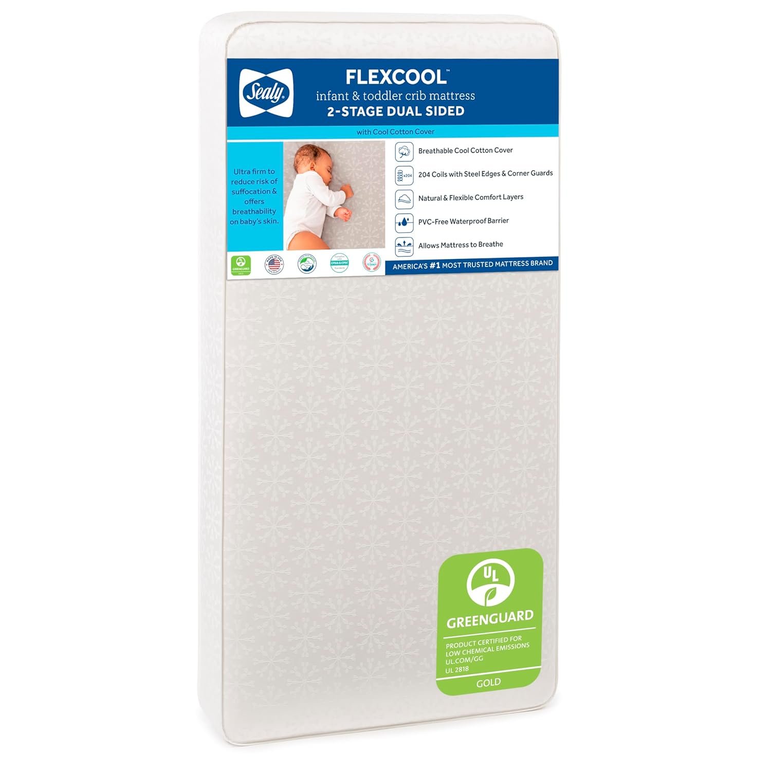 Sealy Baby Flex Cool 2 Stage Crib Mattress and Toddler Bed Mattress, Breathable Hybrid Coil Design, Waterproof Cotton Surface, GREENGUARD GOLD Certified, Standard 52×28 Size
