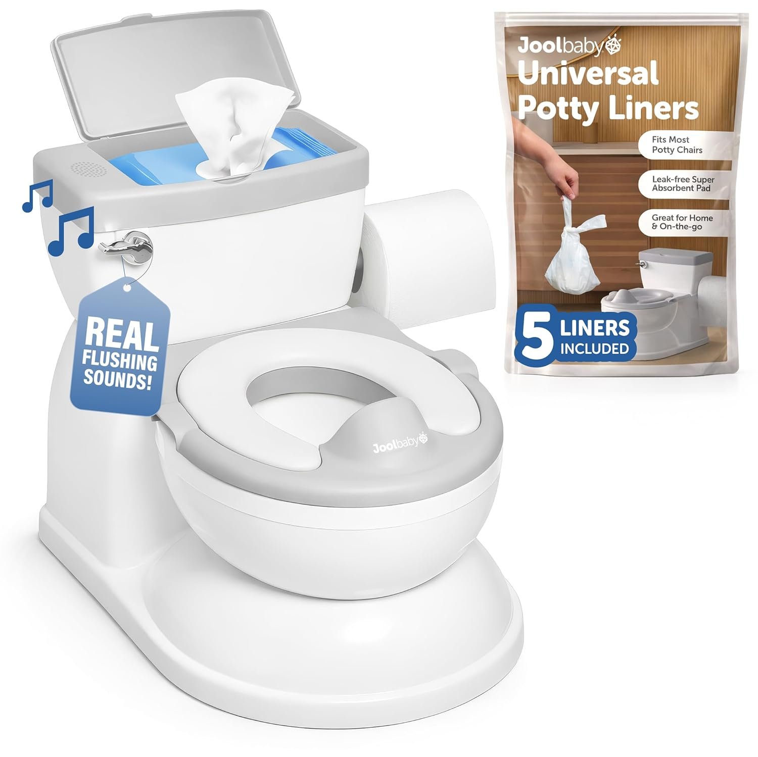 Jool Baby Real Feel 2-in-1 Potty with Wipes Storage, Flushing Sounds & Disposable Liners – Realistic Toilet – Easy to Clean & Assemble (Gray)