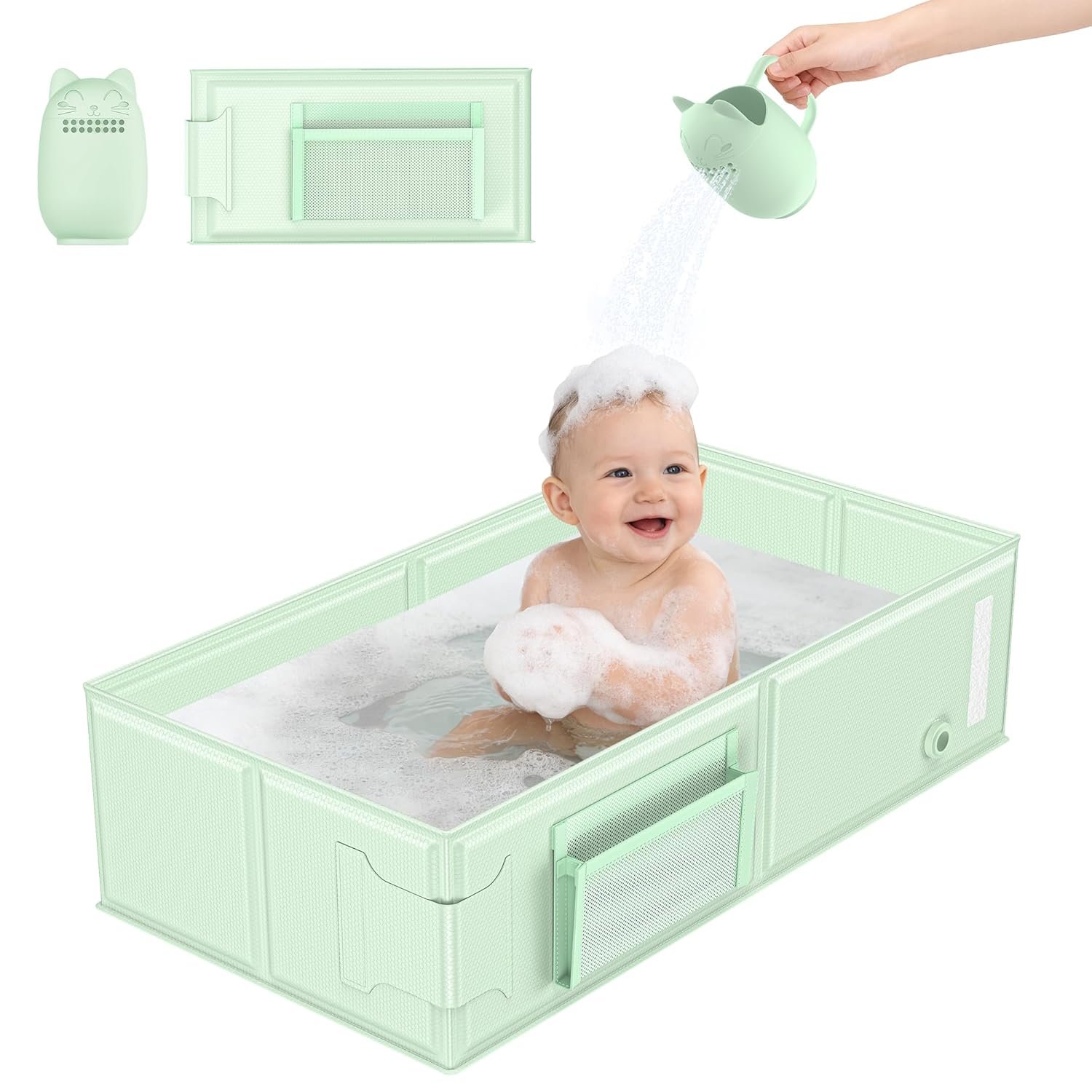 YomauiYee Baby Bathtub Green, Converts Shower to Tub, Foldable Toddler Tub with Rinse Cup, No Assembly Easy to Clean, Portable Collapsible Bath Tub for 6M-5Y, Travel Camping Hotel