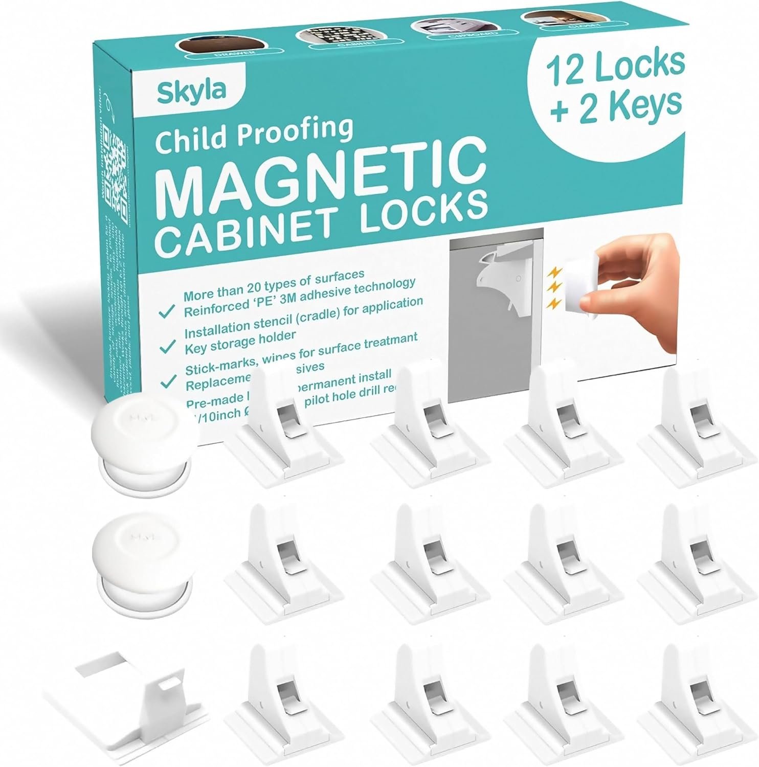 Skyla Homes Magnetic Cabinet Locks Baby Proofing Child Safety – The Safest Quickest and Easiest Multi-Purpose 3M Adhesive Child Proof Latches, No Screws or Tools Needed (12 Pack)