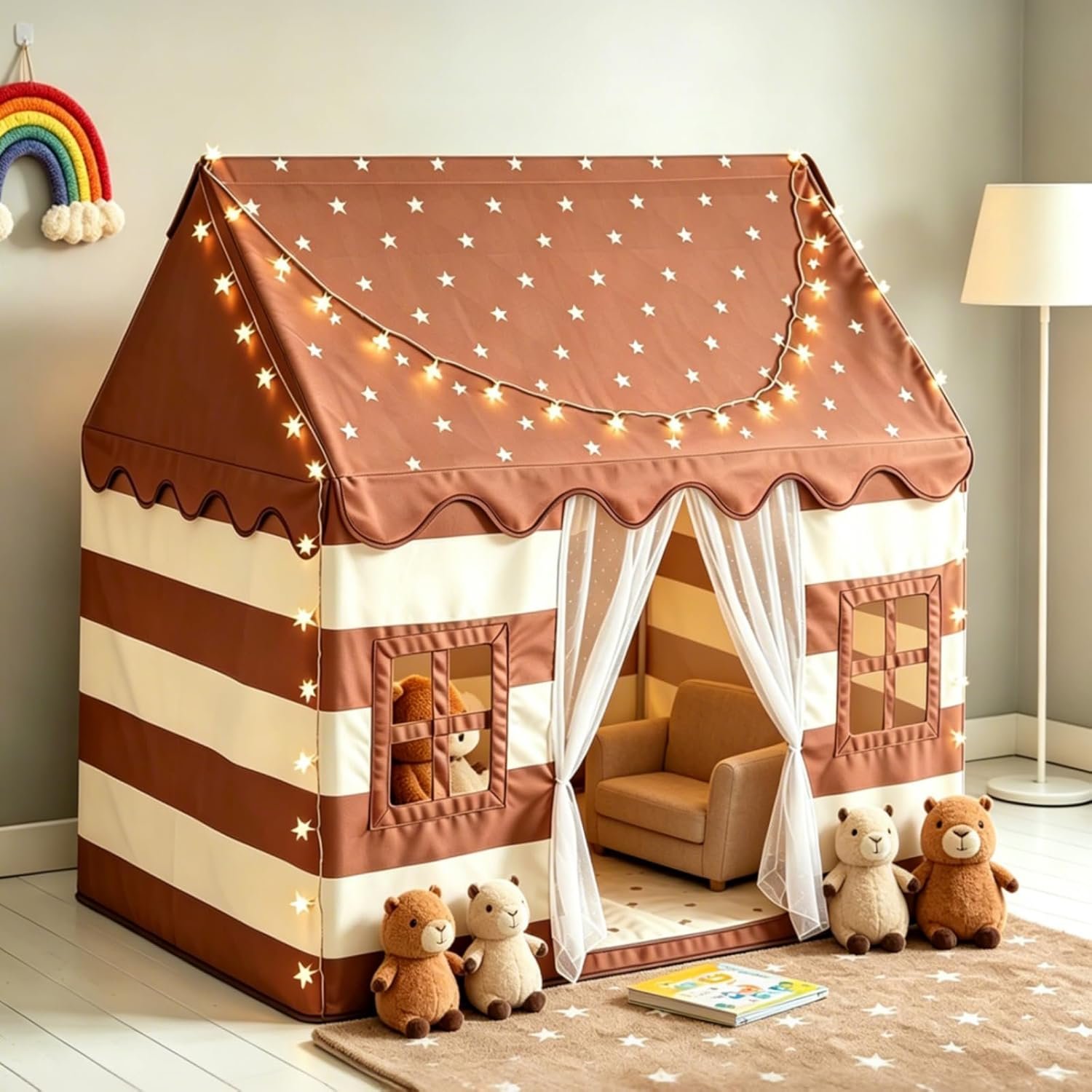 Large Kids Tent Indoor with Padded Mat & Star Lights, Playhouse for Ages 3-8, Play Tent Indoor Outdoor, Reading Nook, Role Play Kids Toys, Toddler Tent for Boys Girls Birthday Gift