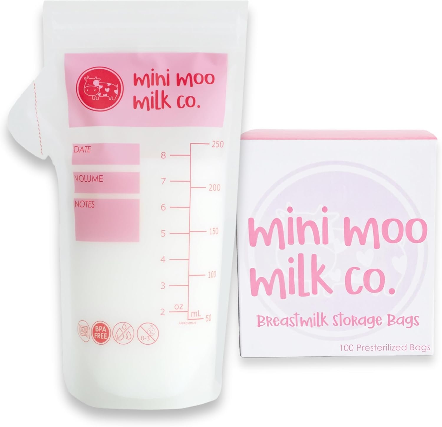 Breastmilk Storage Bags, 100 Count, 8 Oz, Leak-Proof, Easy Pour Spout, Self-Standing, BPA Free, Plastic, Disposable, Sealed Plastic, Pink