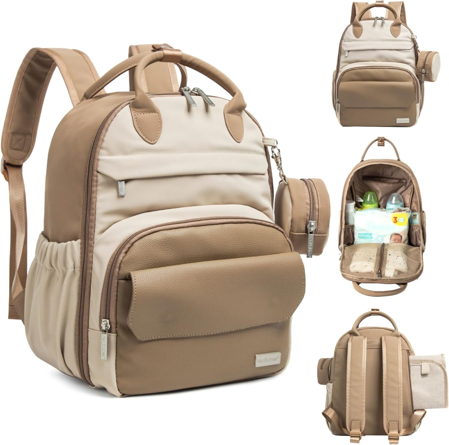 KeaBabies Diaper Bag Backpack – Small Multifunctional Travel Diaper Back Packs, Maternity Baby Changing Bags, 12L Capacity, PU Leather, Waterproof, Unisex, Nappy Changing Pad (Latte, Small)