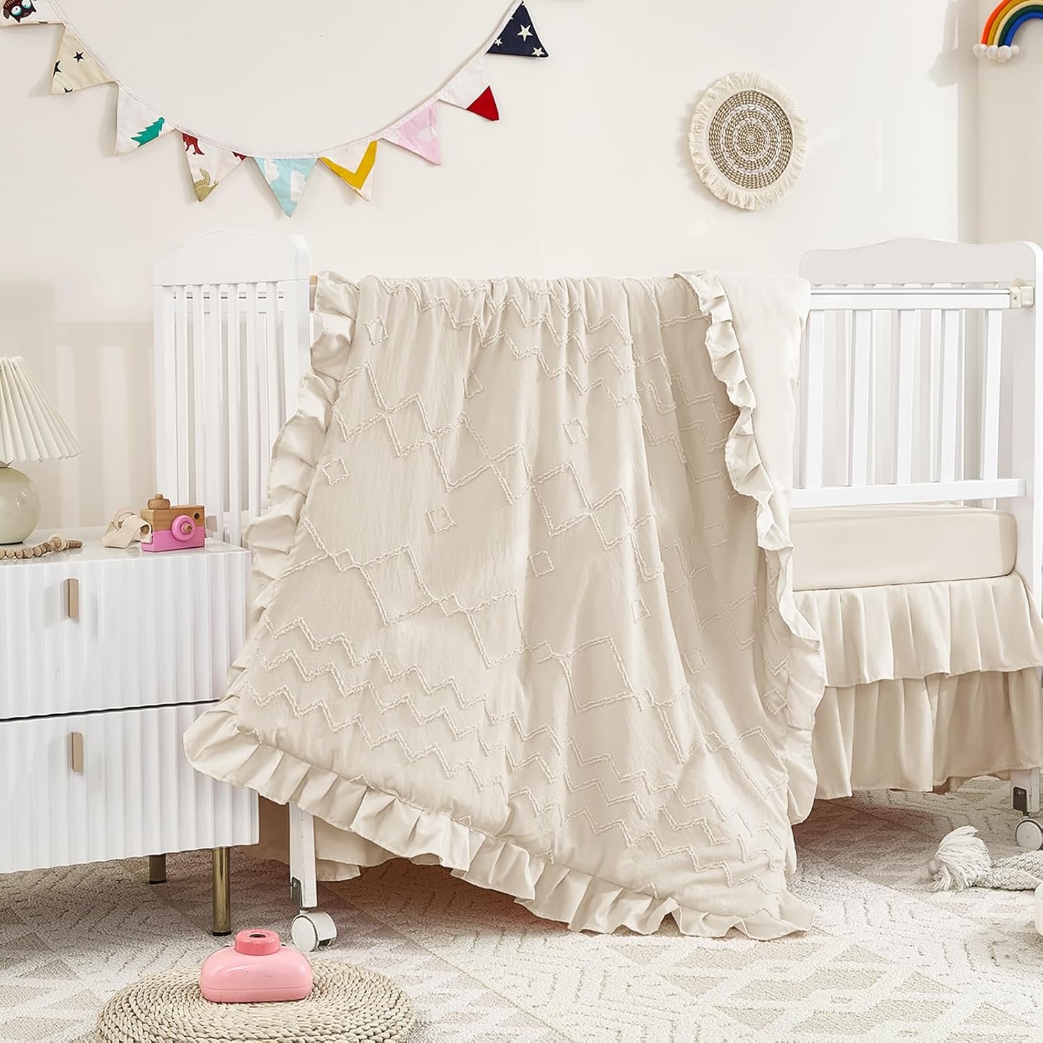3-Piece Tufted Ruffle Crib Bedding Set for Girls – Ultra Soft Baby Bedding Set Includes Boho Crib Comforter, Sheet & Skirt (Beige)