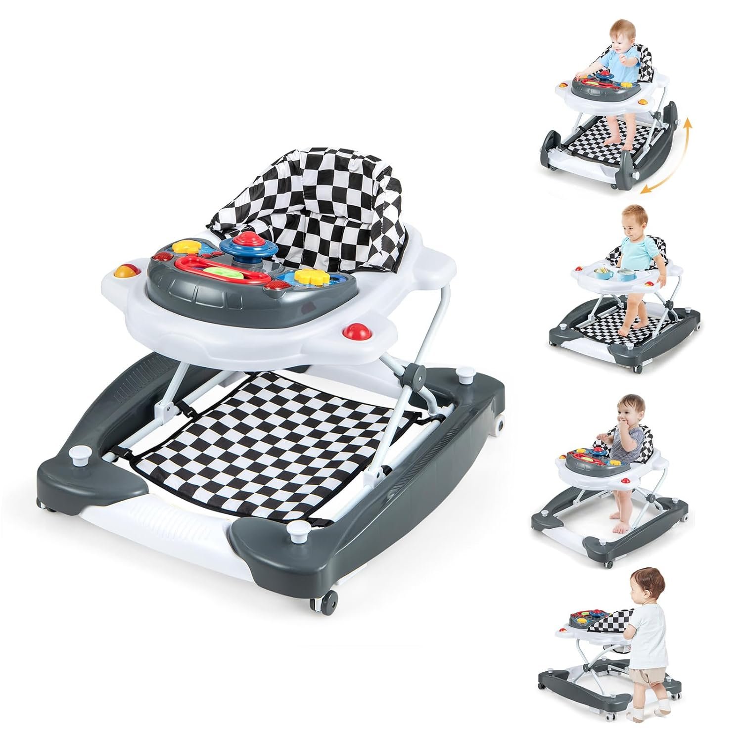 BABY JOY 6-in-1 Baby Walker, Foldable Baby Walker with Wheels, Adjustable Height, Music, Lights, Bouncer & Rocker Mode, Baby Walkers for Boys Girls 6-14 Months (Gray)