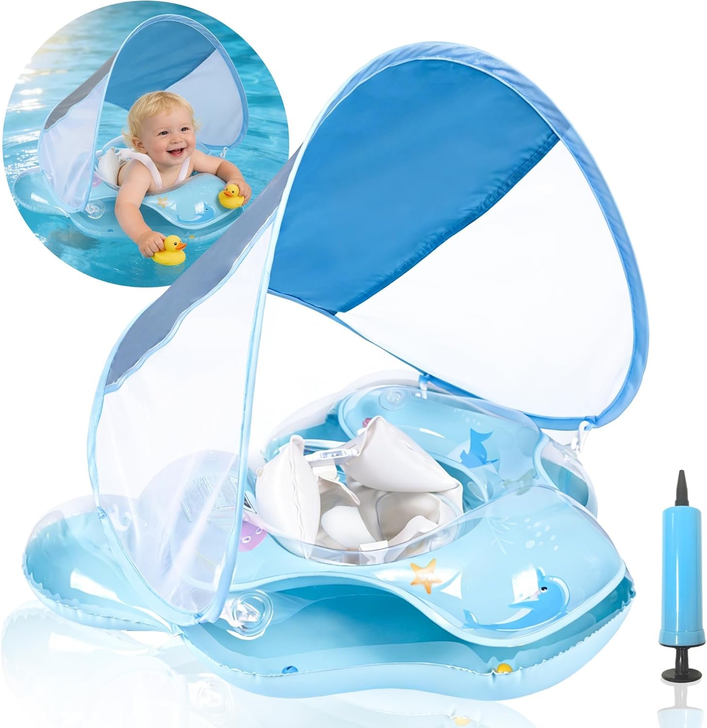Baby Pool Float with UPF50+ Sun Protection Canopy, Inflatable Baby Float with Adjustable Safety Seat for Toddler from 3 to 12 Months, Baby Swim Float with Dual Air Chambers for Boys Girls（Small, Blue）