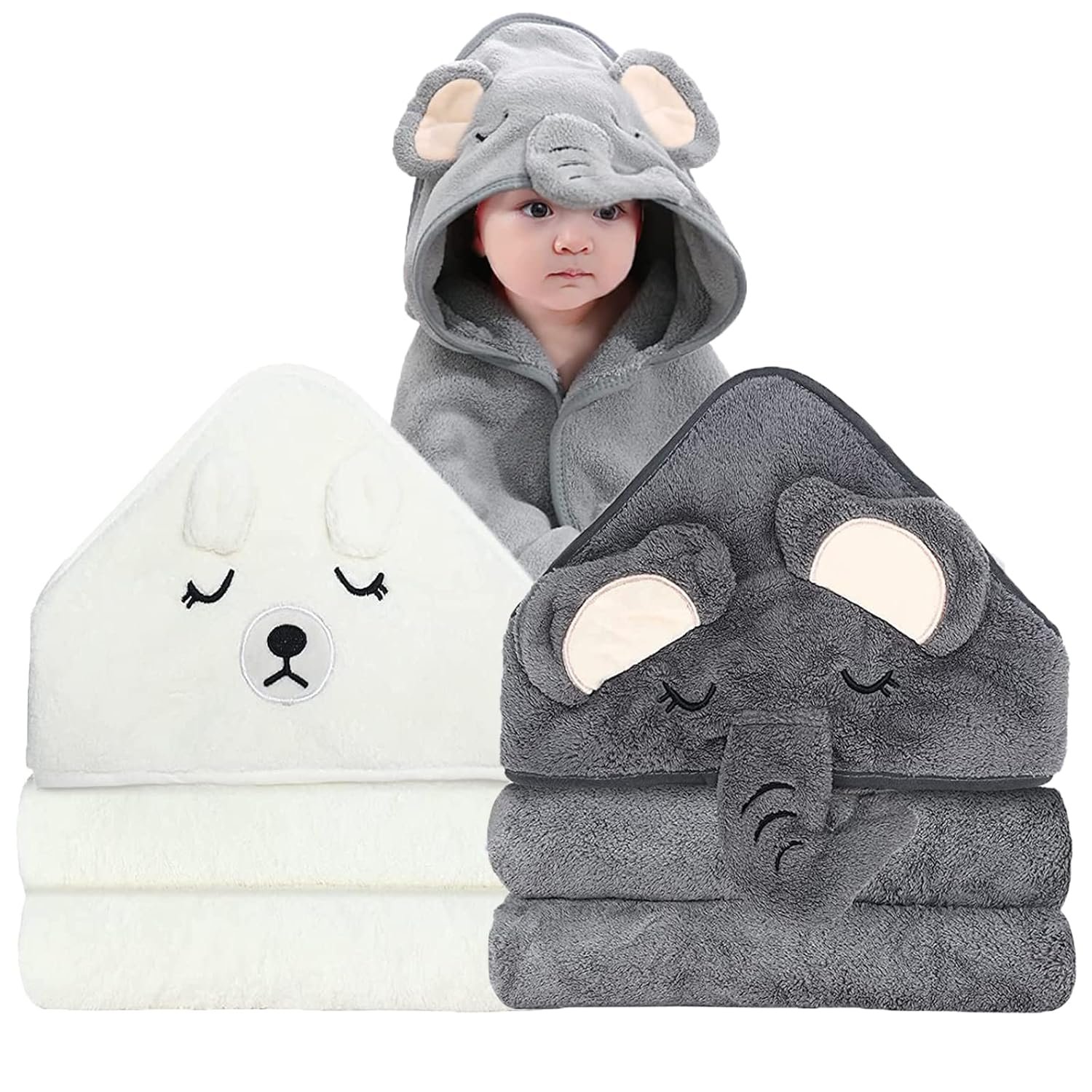 2 Pack Hooded Baby Towels – Premium Ultra Soft Organic Baby Bath Towel – Absorbent and Hypoallergenic Towels for Baby Boy Girl, Toddler, Newborn Essentials (Elephant & Bear)
