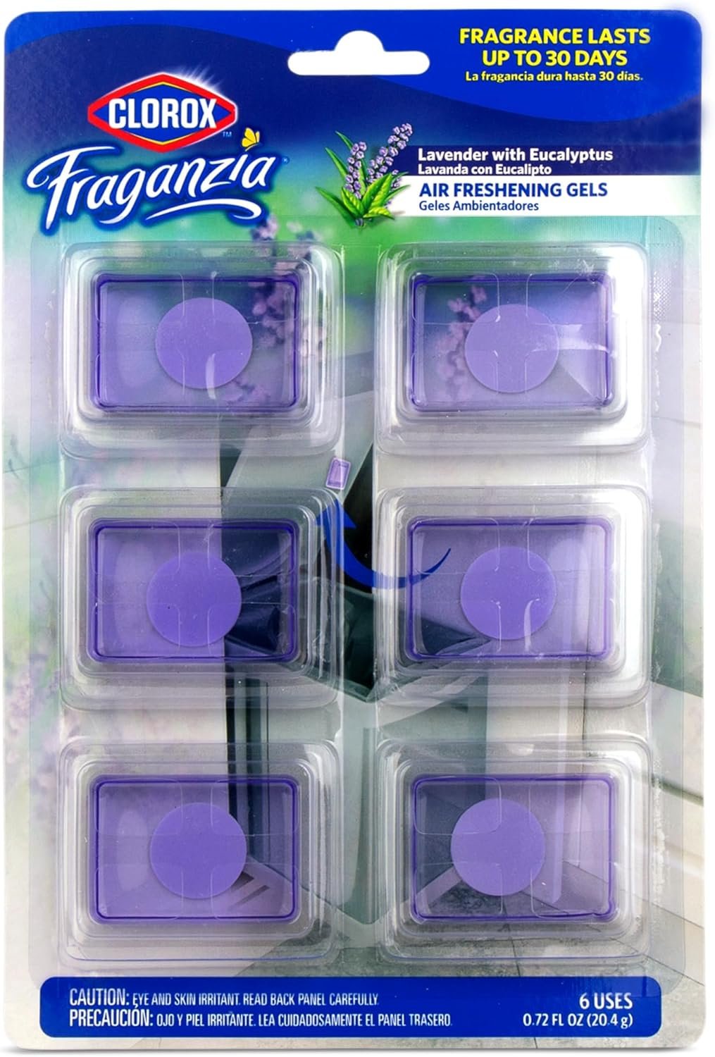 Clorox Fraganzia Stick-On Gel Fresheners, Lavender with Eucalyptus Trash Can Deodorizer Up to 30 Days Scent, Odor Absorber for Kitchen, Bathroom, Closet, No Plug or Batteries, 0.12 Fl Oz, 6 Count