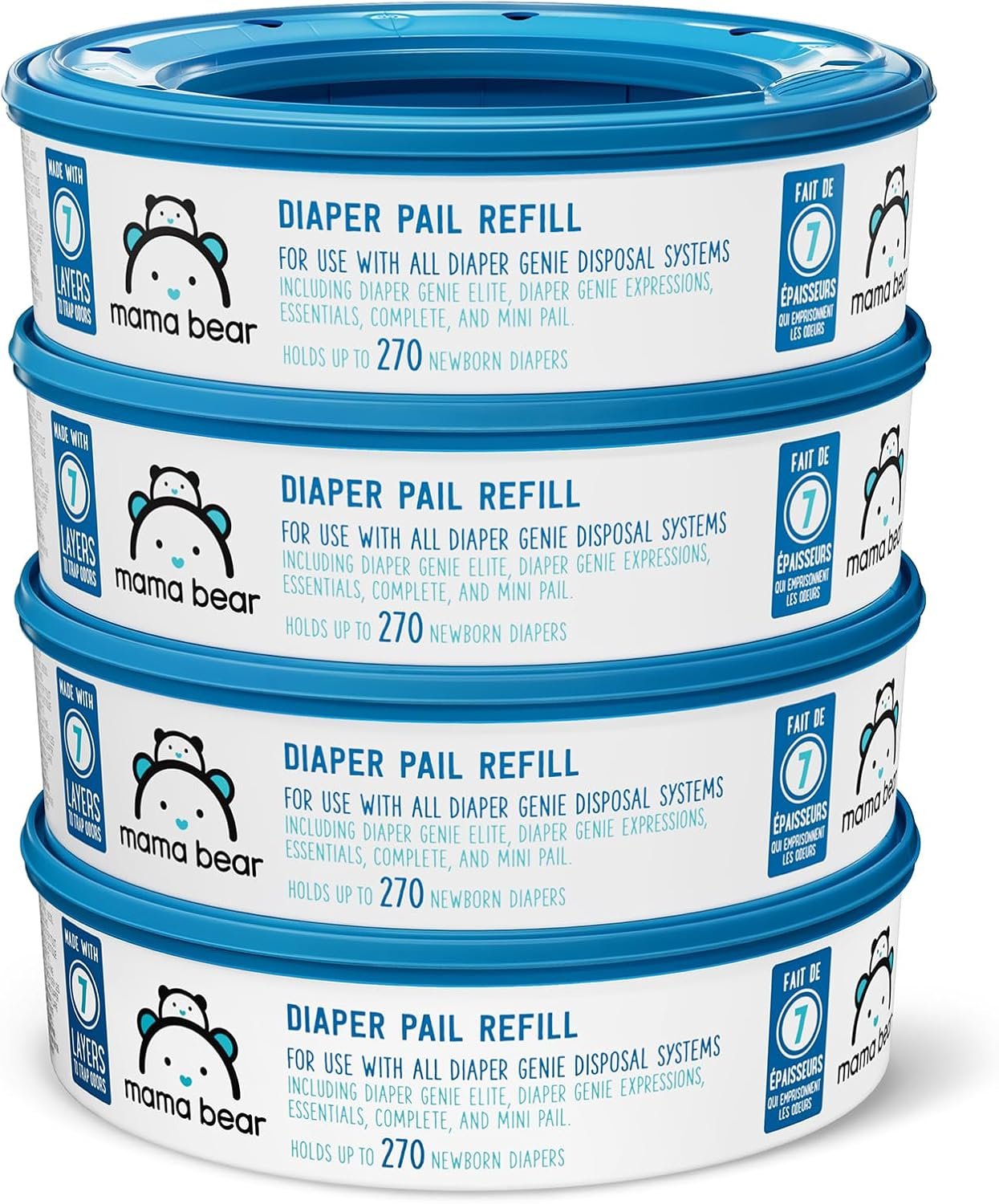 Amazon Brand – Mama Bear Diaper Pail Refills with Odor Control for Diaper Genie Pails, Unscented, 1080 Count (4 Packs of 270 Count)