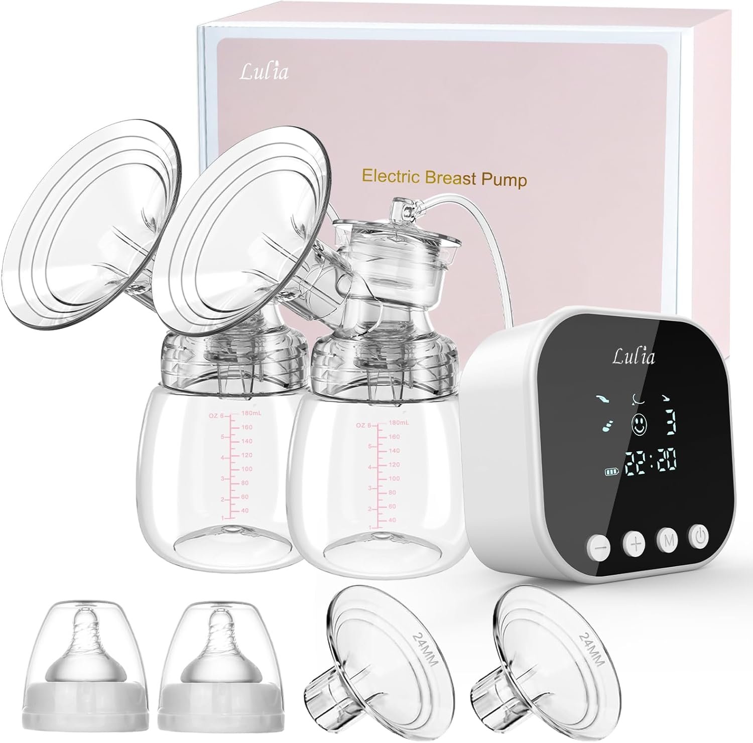Lulia Double Electric Breast Pump, Breastfeeding Pump 4 Modes & 9 Levels, Low Noise, Anti-Backflow & LED Display, BPA Free, Portable Breast Pumps with 24mm Flange