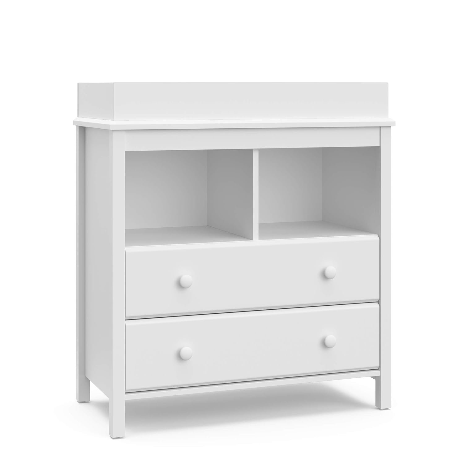 Storkcraft Alpine 2 Drawer Changing Table Chest (White) – Attached Changing Table Topper Fits Any Standard-Size Baby Changing Pad, 2 Drawers, 2 Shelves for Extra Nursery Storage, Easy to Assemble