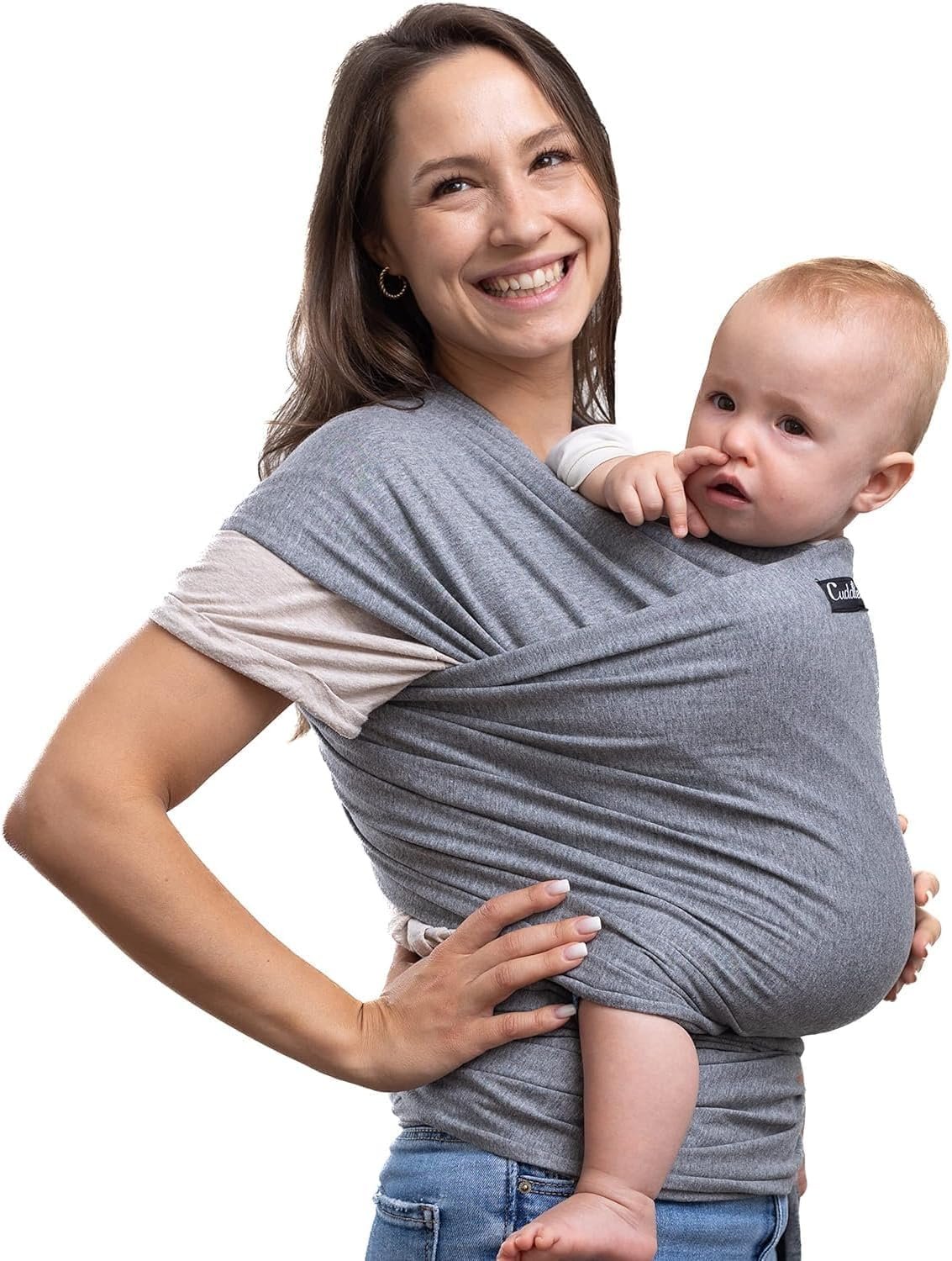 CuddleBug Baby Wraps Carrier 7–35 lbs – Breathable Baby Carrier Newborn to Toddler – Soft Stretchy Baby Sling Carrier for Hands-Free Comfort, Hip Healthy Support & Bonding (Gray)