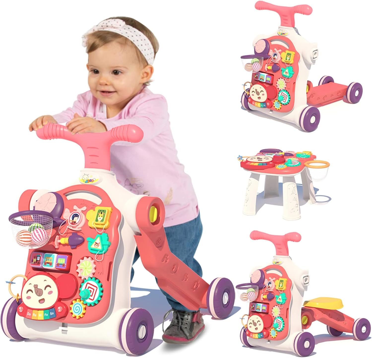 QDRAGON 5 in 1 Walker for Baby Girl, Baby Push Walkers, Assemble as Scooter/Motorbike/Activity Center/Detachable Panel, Walking Toys for Infants, Red