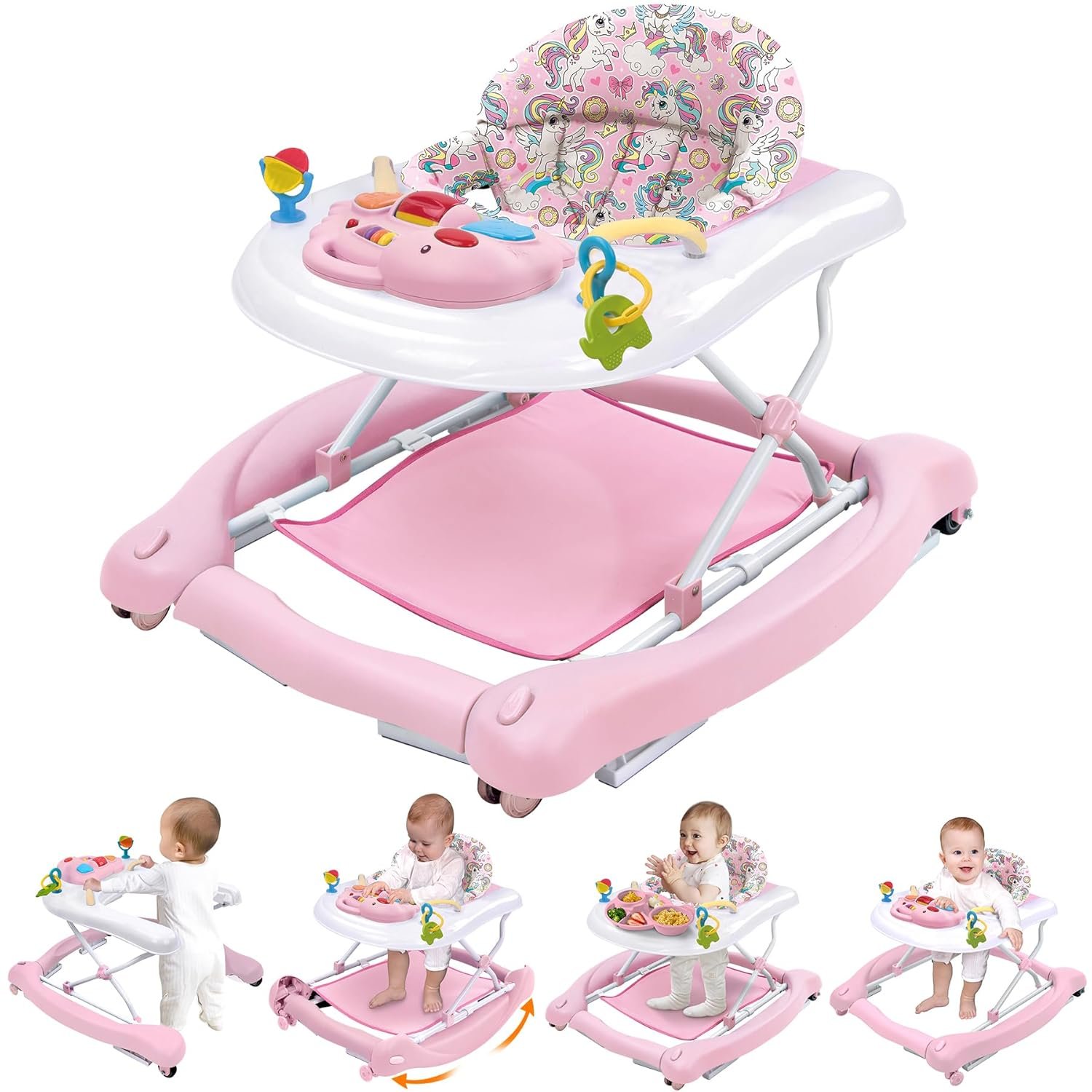 Foldable Baby 5-in-1 Activity Walker – Rocker, Activity Center, Bouncer, Seat Walker, Push Walker – Adjustable Speed Rear Wheels and Height Toys Ages 6-18 Months(Pink)