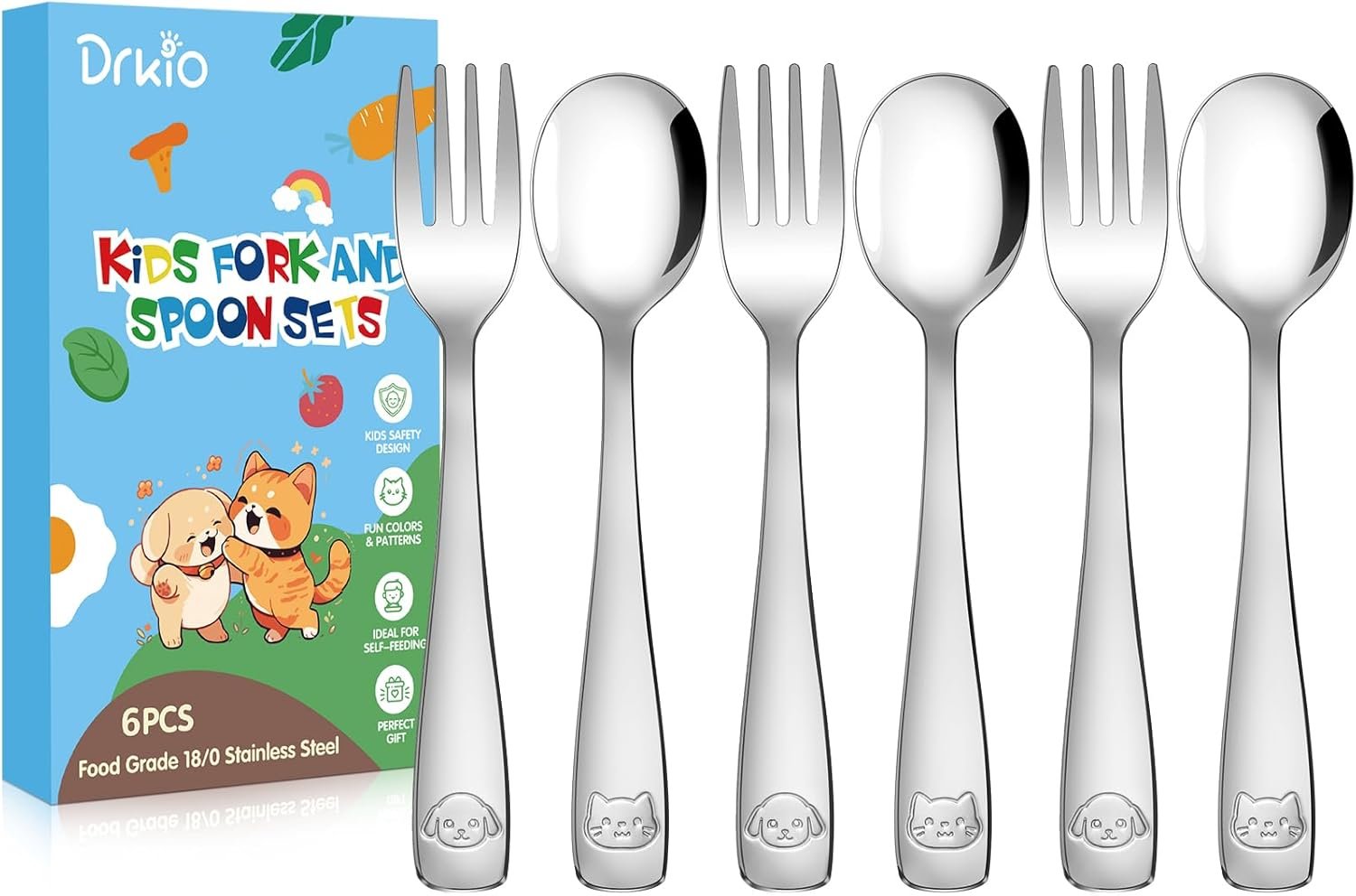 DRKIO Stainless Steel Toddler Utensils Set – 6 Pieces Kids Silverware Set Children Safe Food Grade Small Forks and Spoons Dishwasher Safe Mirror Polished