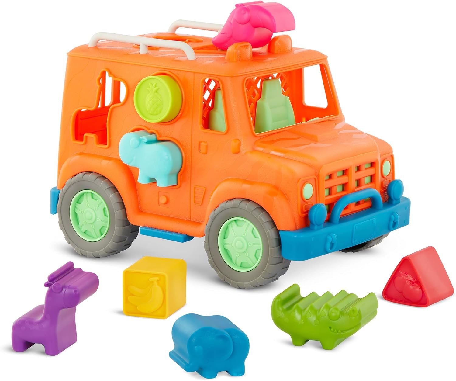 Battat – Wonder Wheels – Shape Sorter Toy Truck – 9 Pieces Developmental Toy for Kids, Toddlers – Animal & Fruit Shapes – Recyclable Materials – Safari Shape Sorter Truck – 1 Year +
